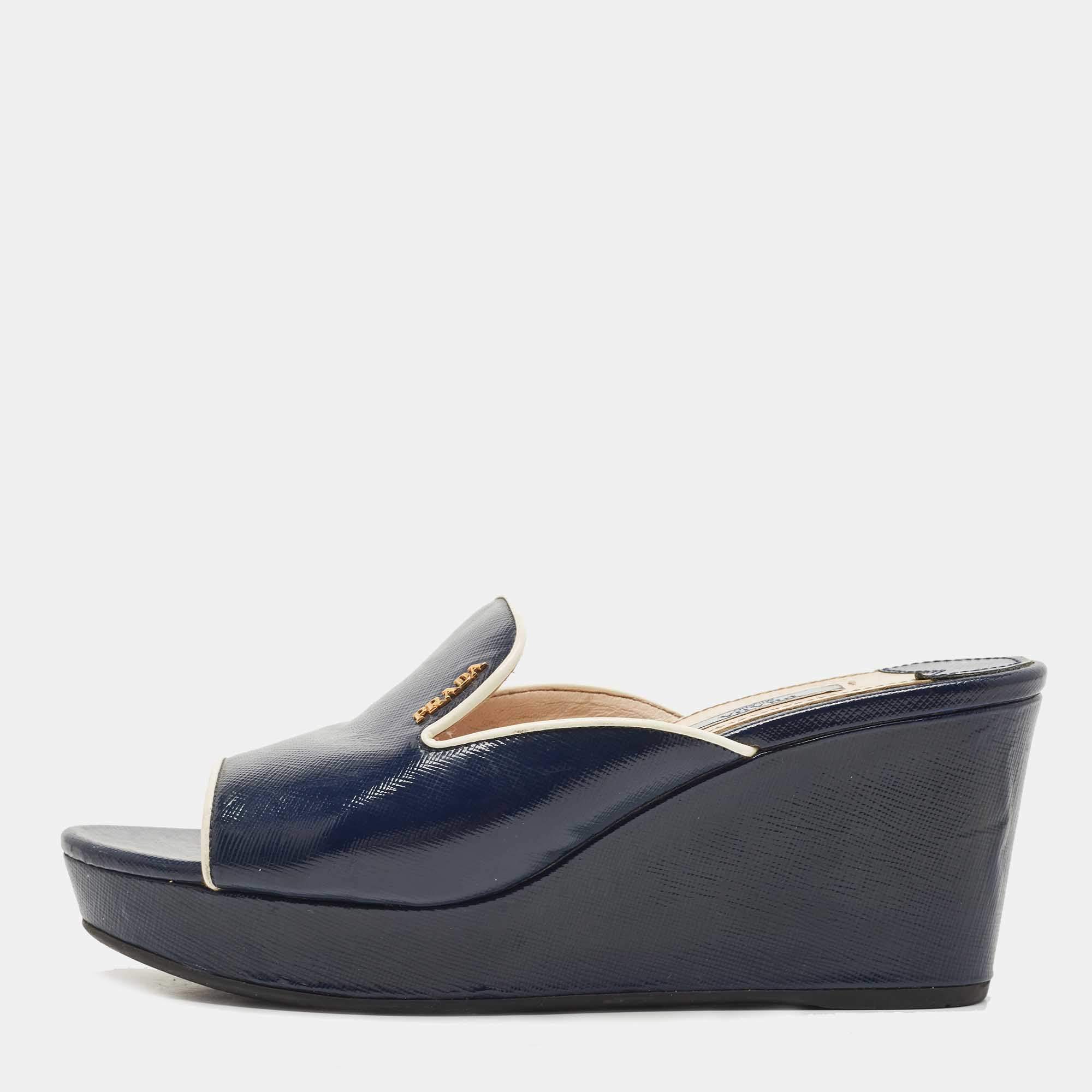 Prada Navy Blue Patent Leather Platform Wedge Sandals Size 38