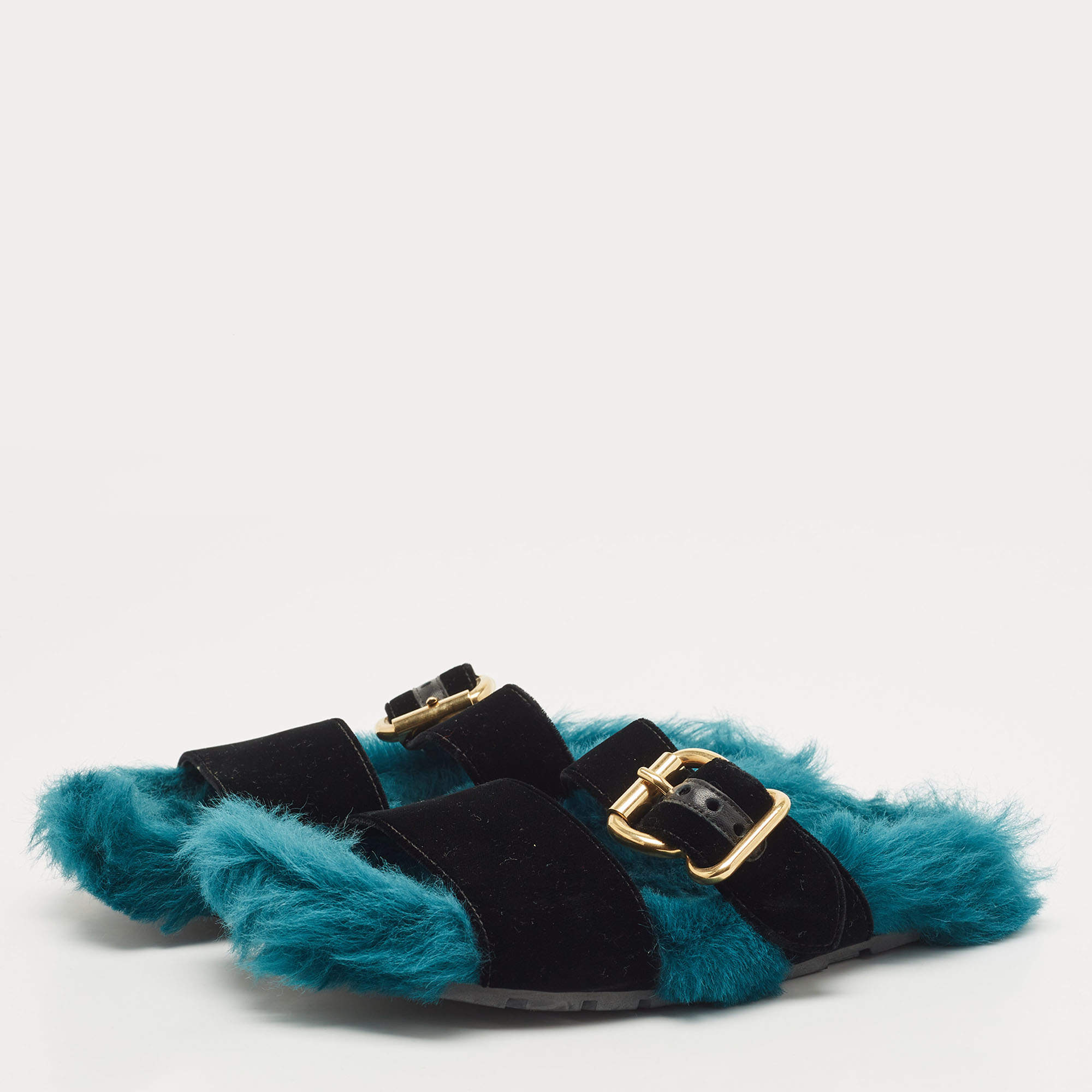 Prada Two Tone Velvet and Fur Flat Slides Size 39.5 Prada TLC