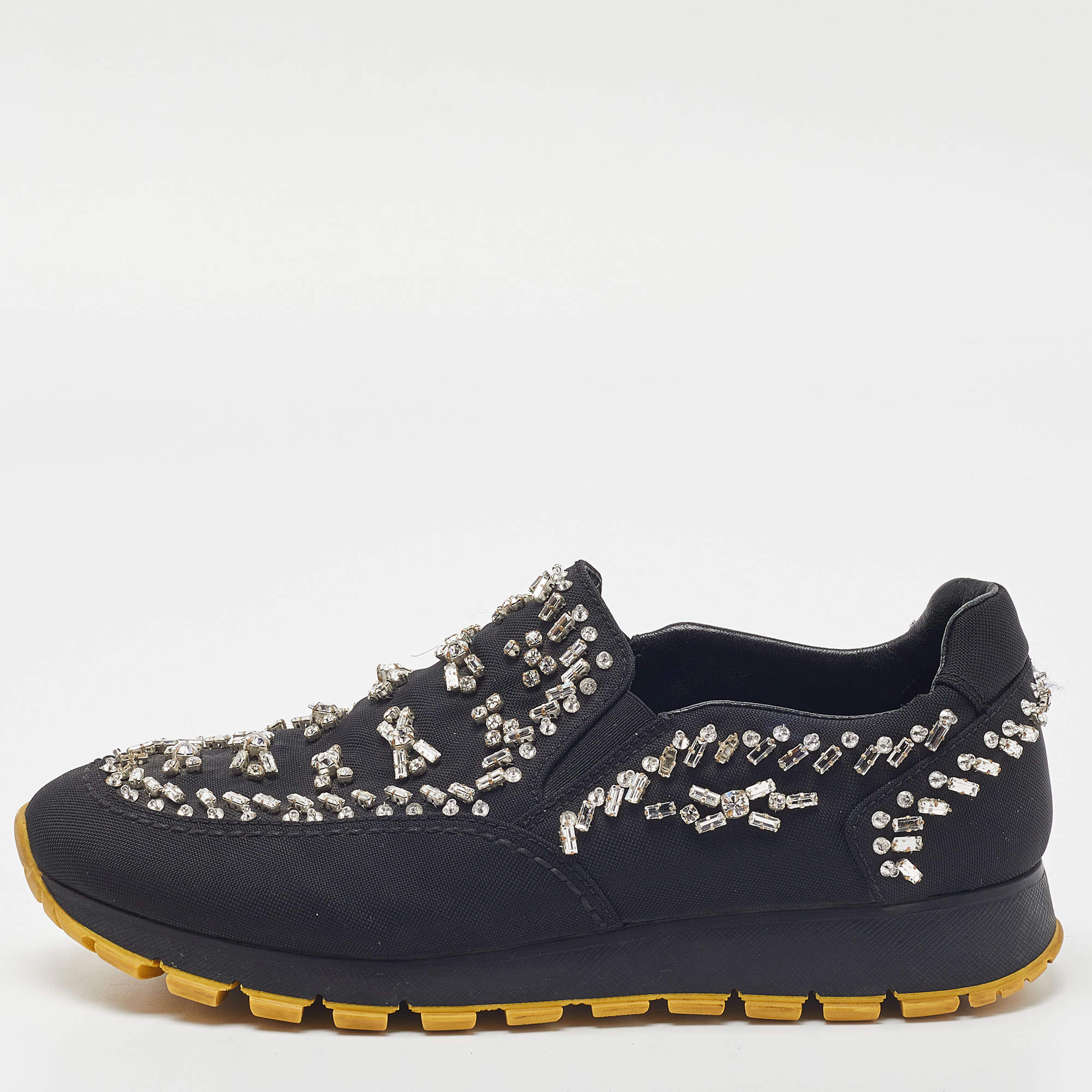 Prada Black Nylon Crystal Embellished Slip On Sneakers Size 37