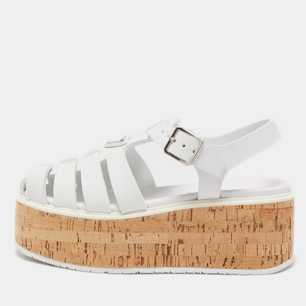 Prada White Rubber Monolith Cork Platform Ankle Strap Size 39