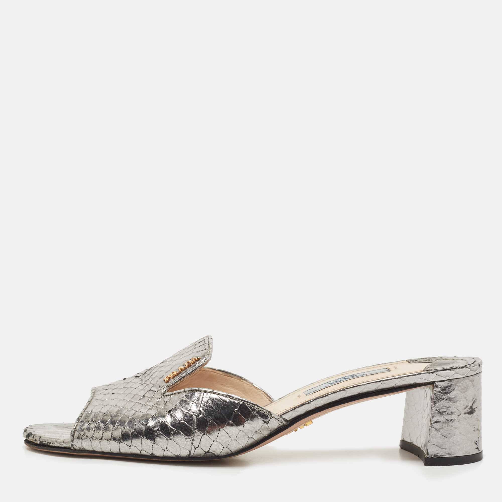 Prada Metallic Grey Python Embossed Leather Slide Sandals Size 37