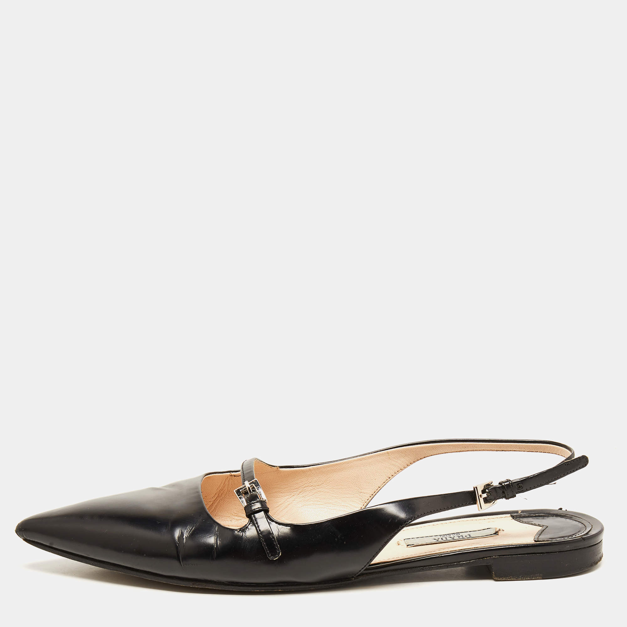 Prada Black Leather Buckle Slingback Flat Sandals Size 39.5