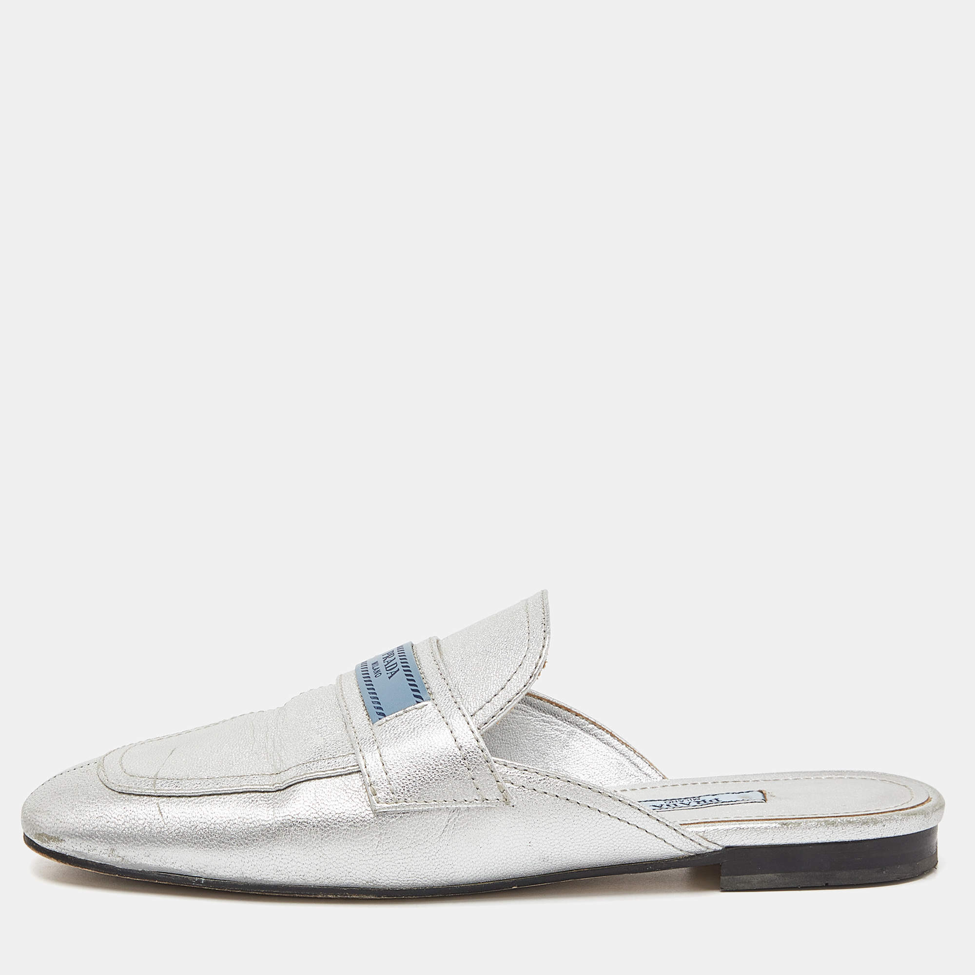 Pre Owned Prada Silver Leather Flat Mules Size 37.5