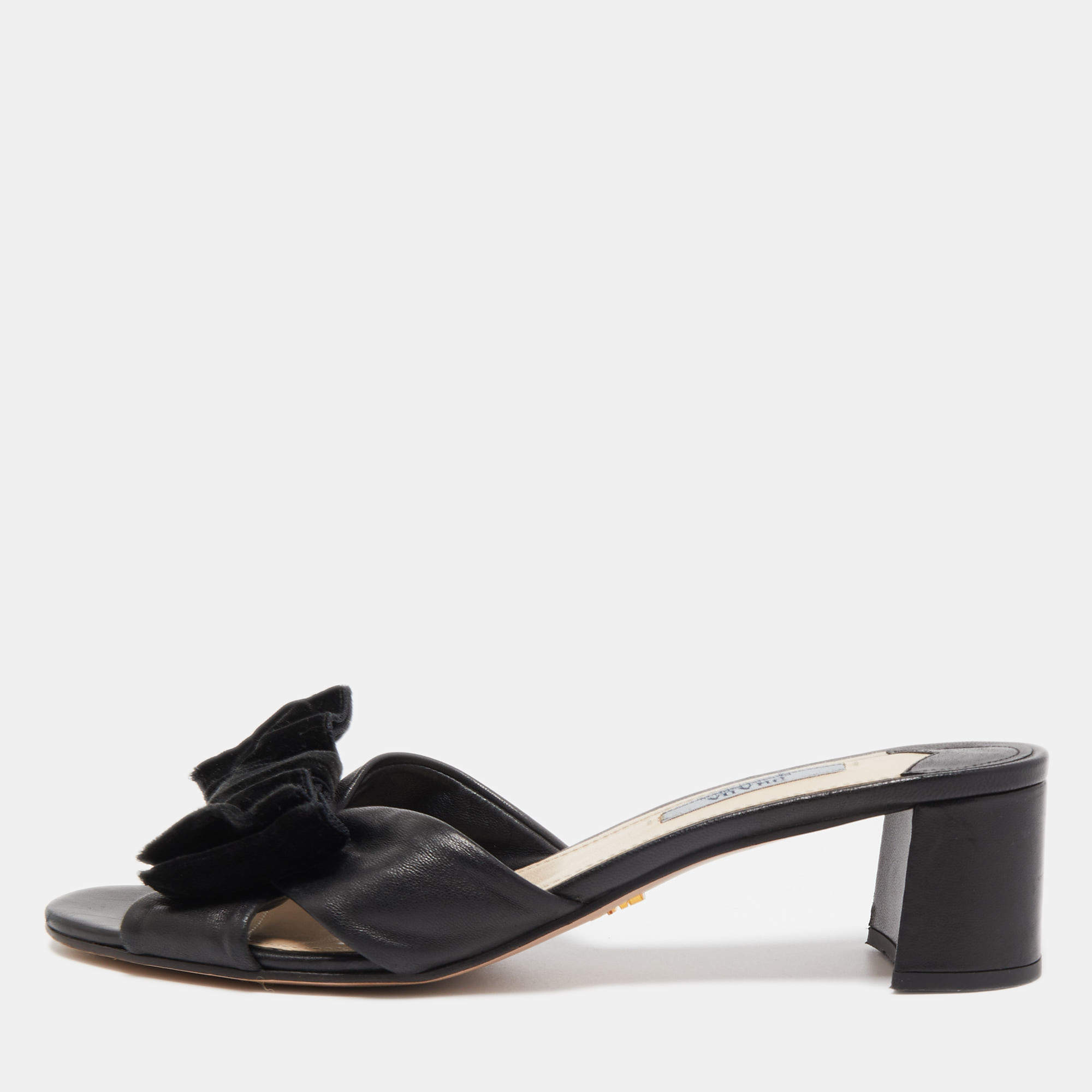 Pre Owned Prada Black Leather Bow Slide Sandals Size 39.5