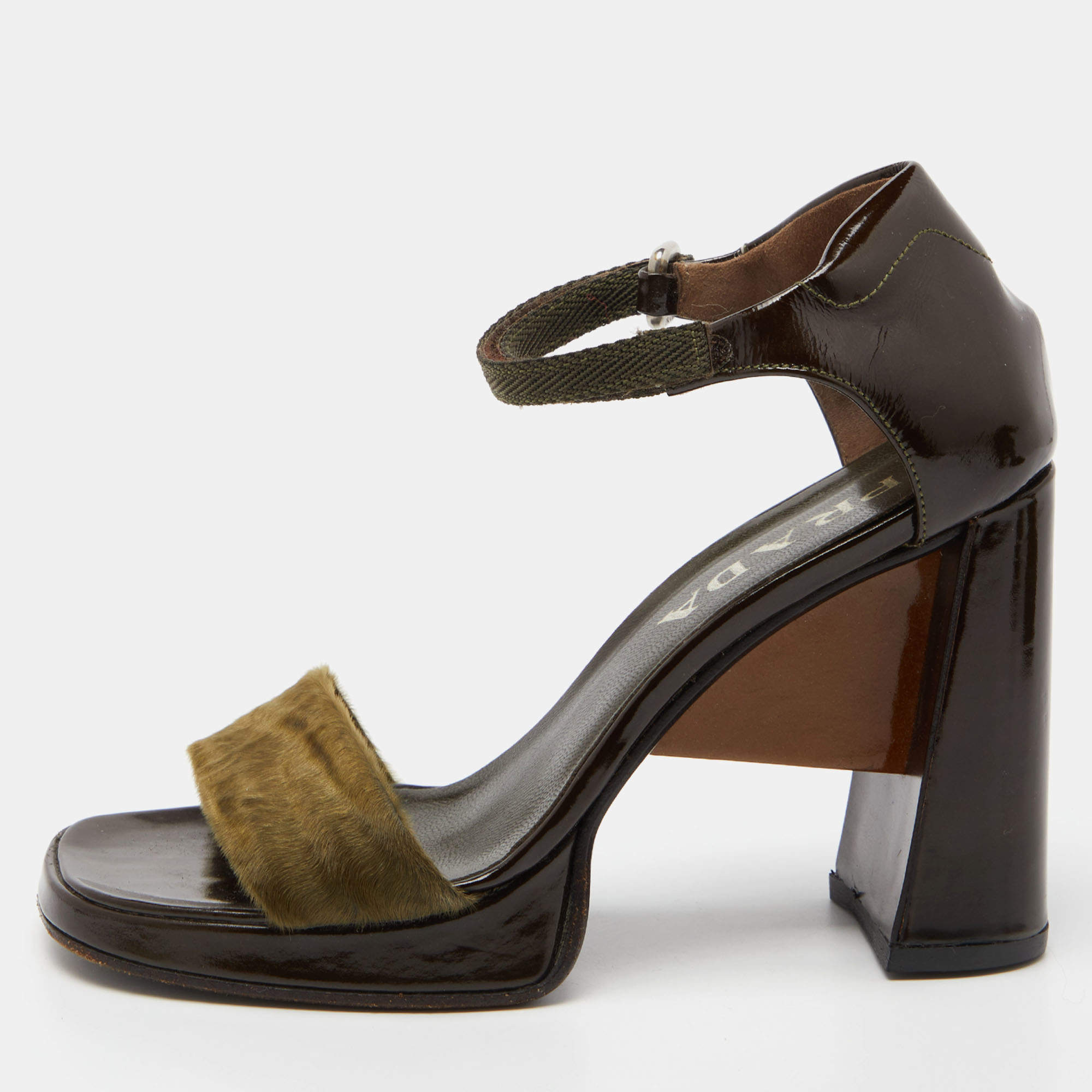 Pre Owned Prada Olive Green/Brown Calf Hair and Patent Leather Platform Ankle Strap Sandals Size 36.5