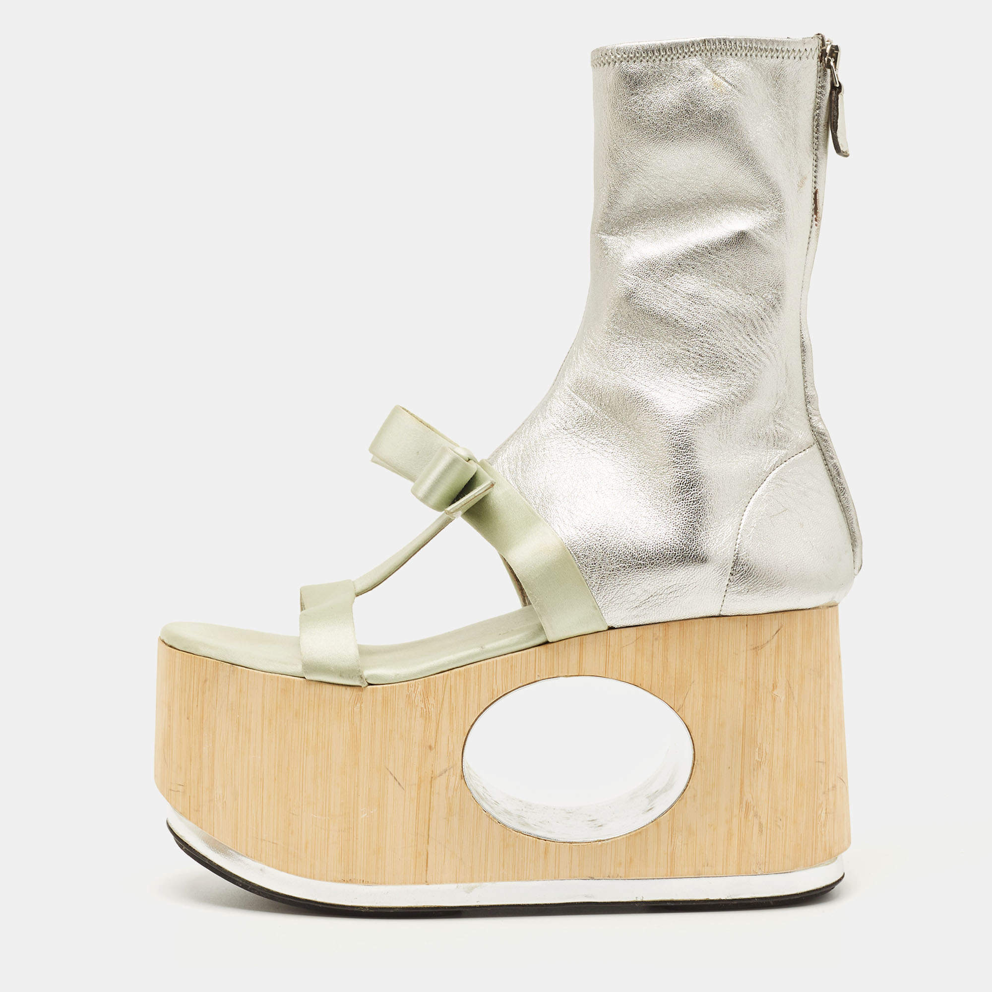 Pre Owned Prada Silver/Mint Green Leather and Satin Bow Platform Sandals Size 40