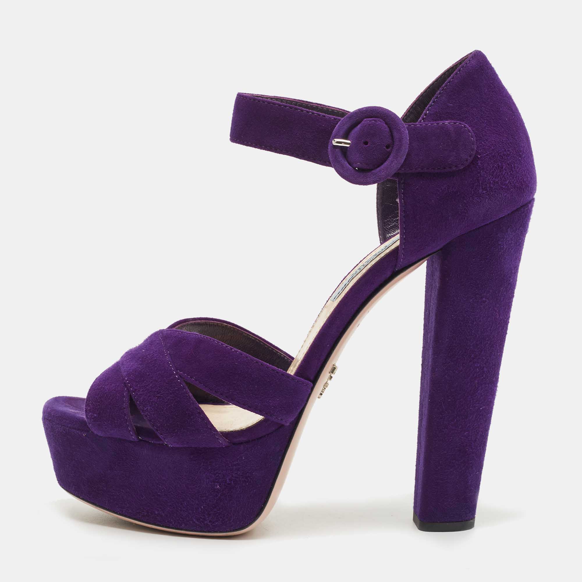 Prada Purple Suede Ankle Strap Platform Sandals Size 37.5