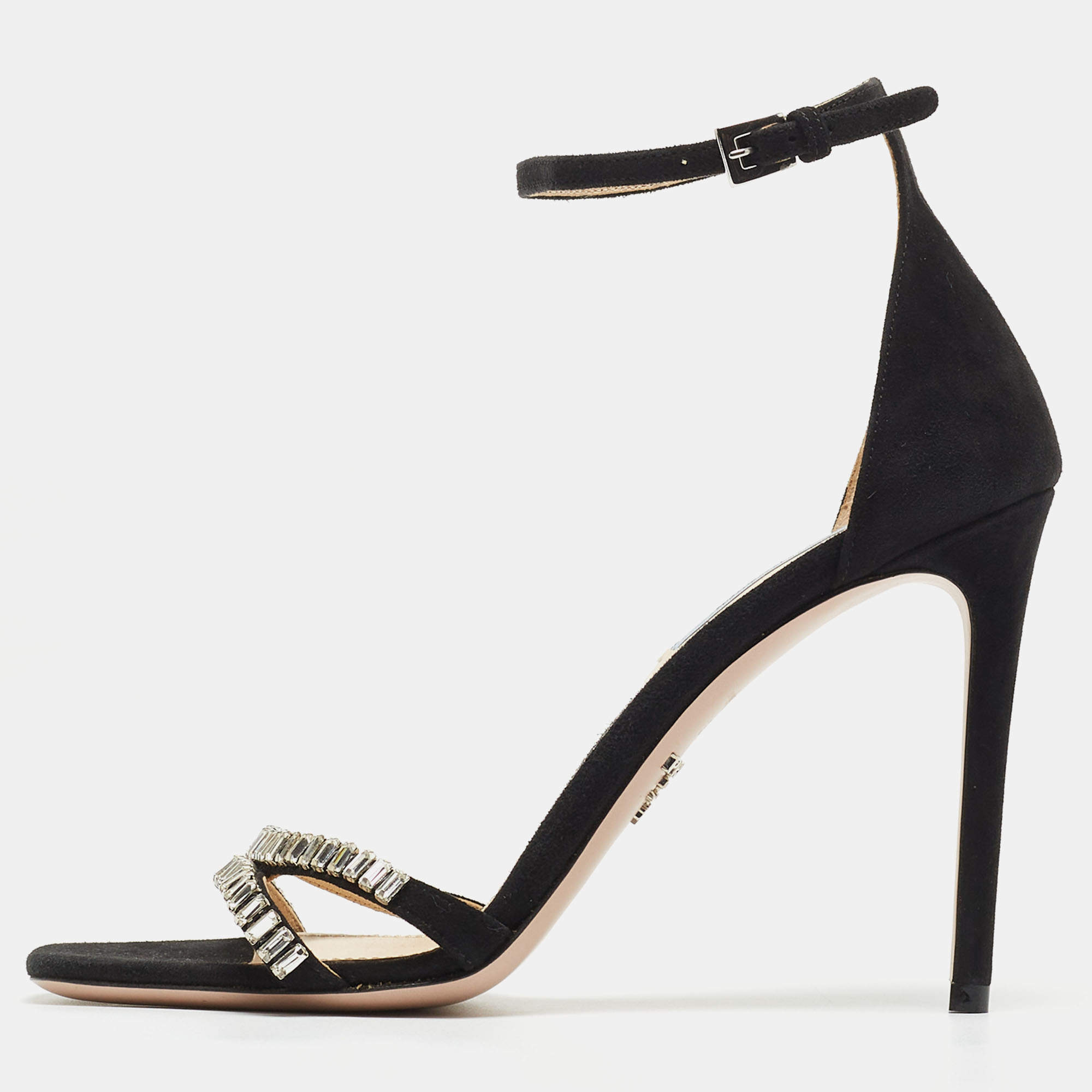Prada Black Suede Crystals Embellished Ankle Strap Sandals Size 38.5