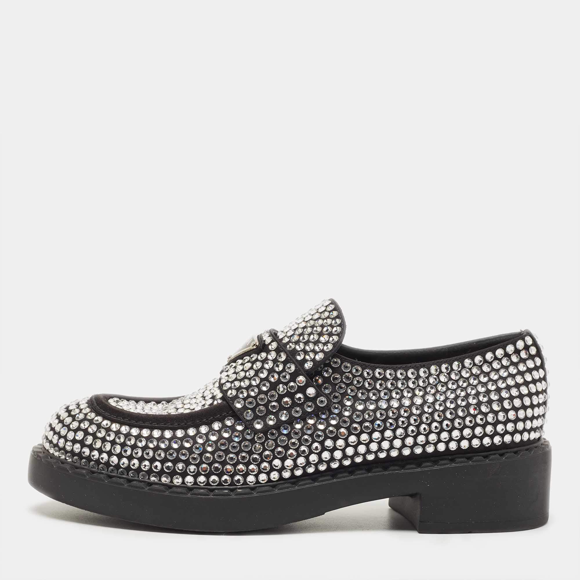 Prada Black Satin Crystals Slip On Loafers Size 38