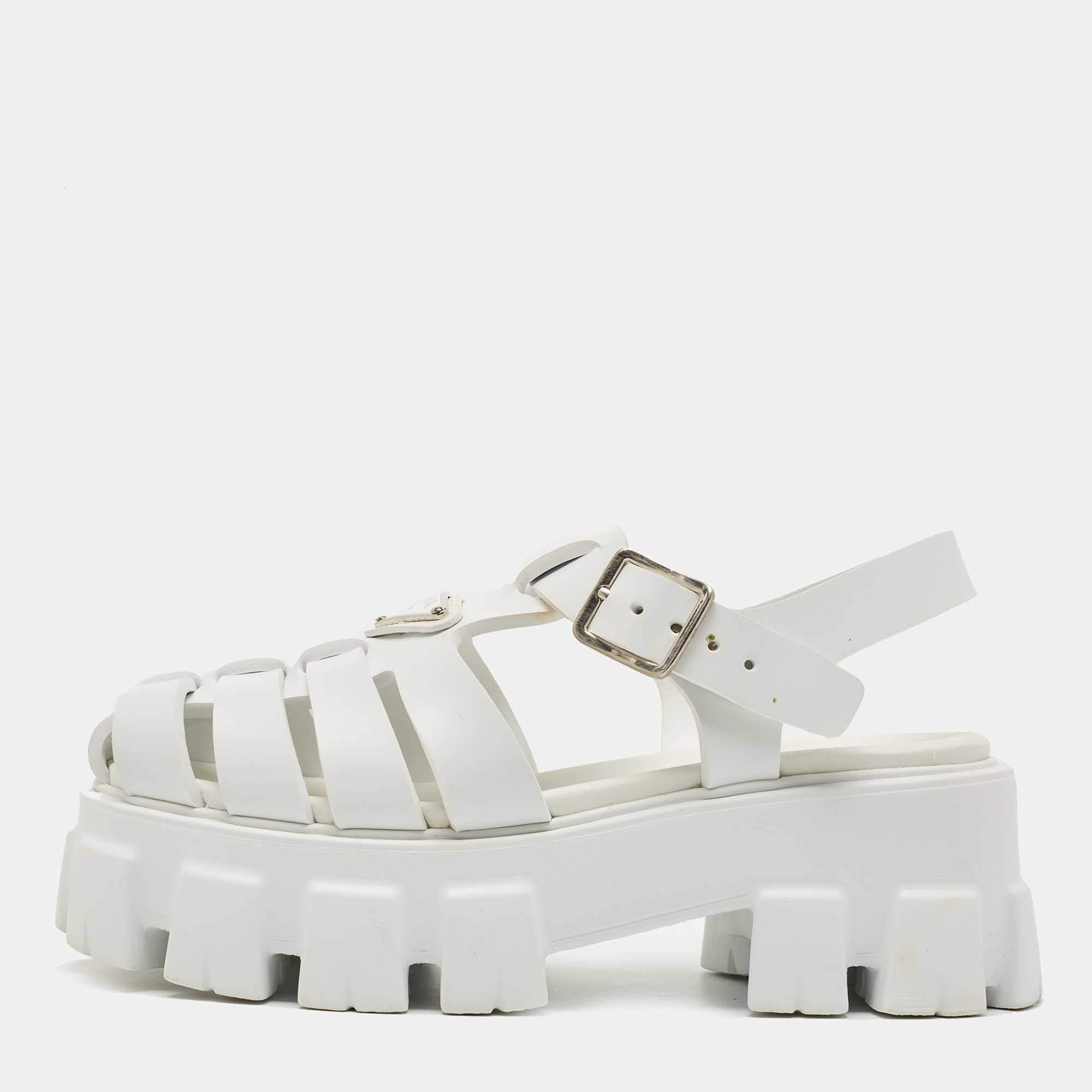 Prada White Leather and Rubber Monolith Platform Sandals Size 35