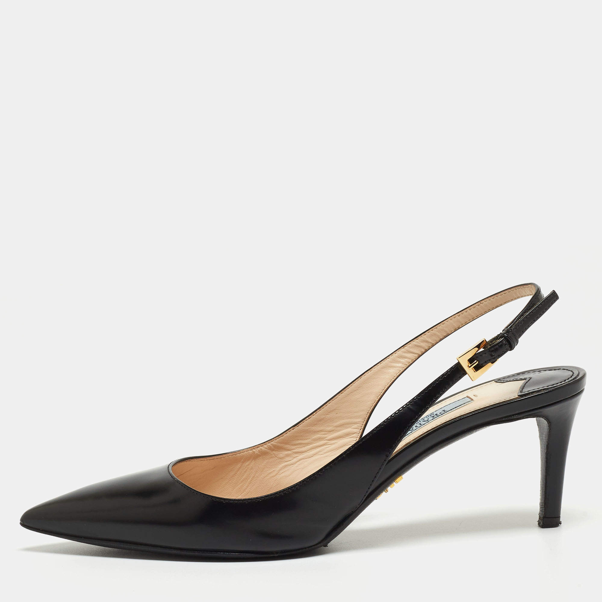 مملوكة مسبقًا Prada Black Leather Pointed Toe Slingback Sandals Size 37