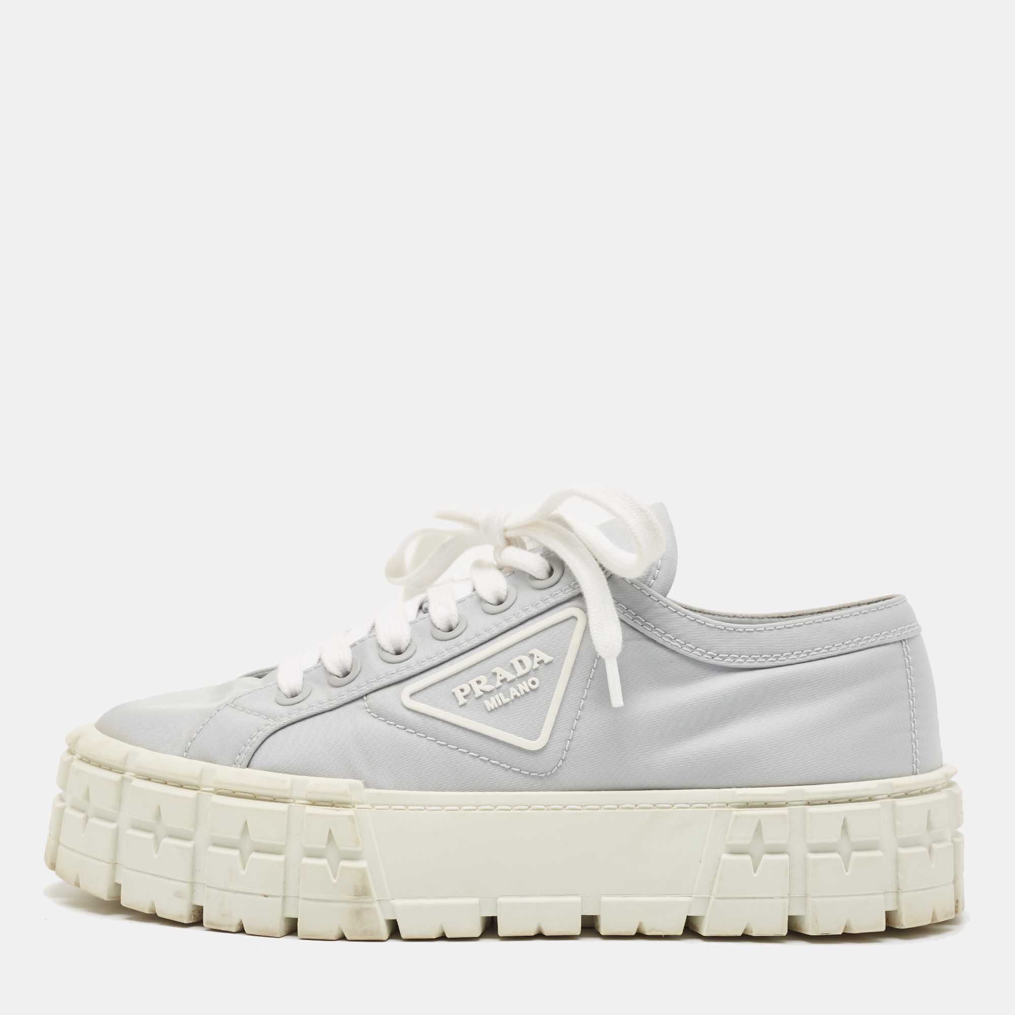 Pre Owned Prada Grey Nylon Double Wheel Lace Up Sneakers Size 40