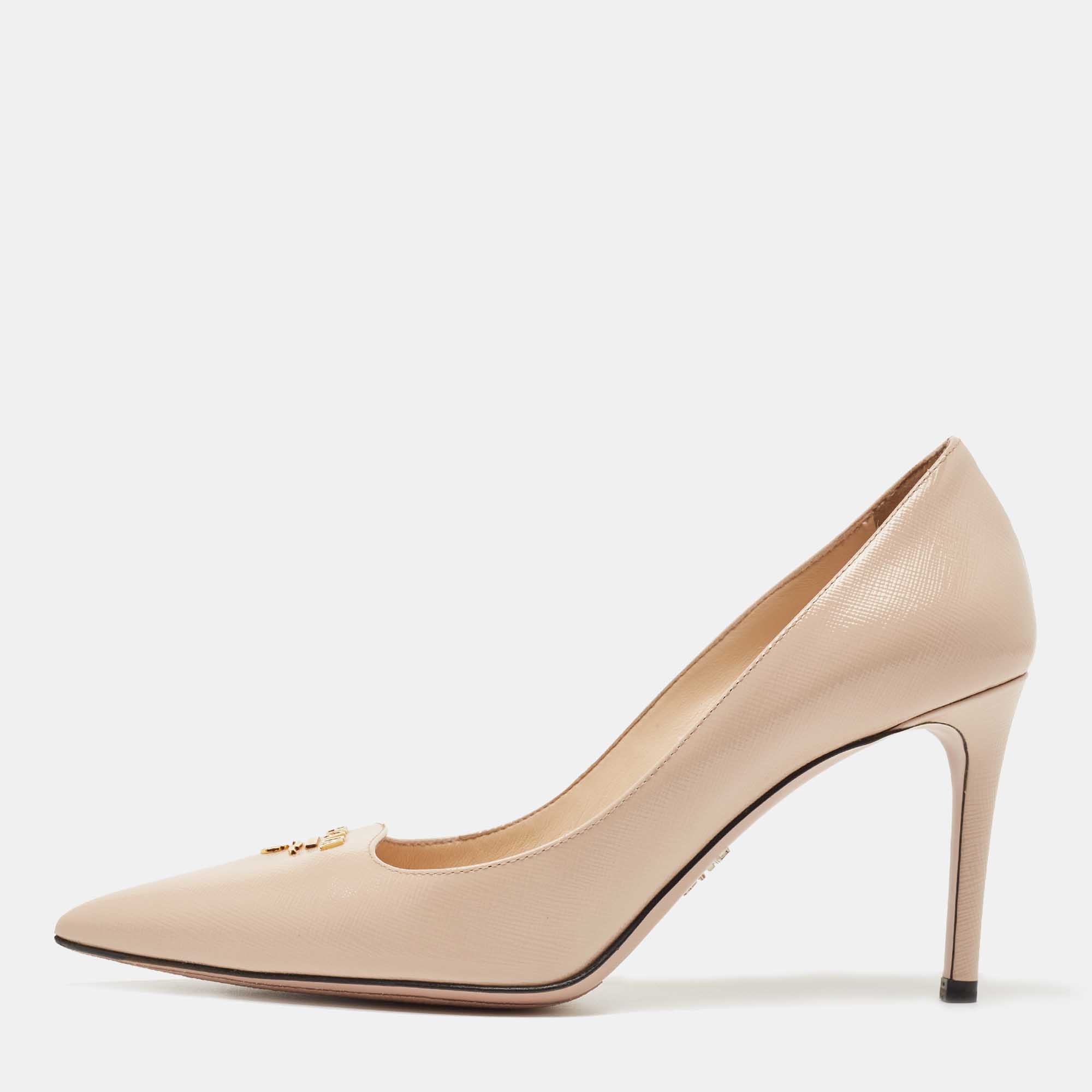 Prada Beige Saffiano Patent Leather Pointed Toe Pumps Size 39