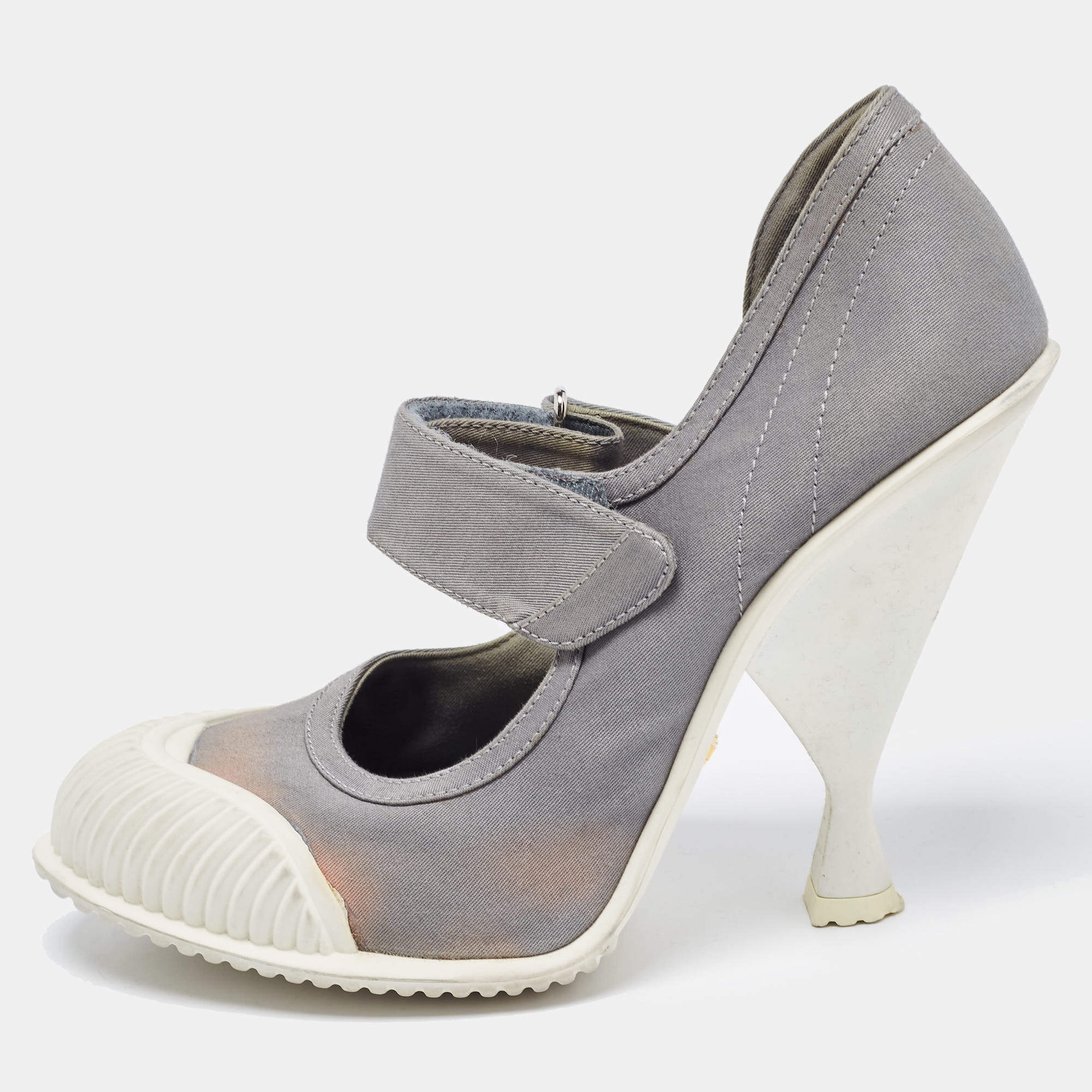 Pre Owned Prada Grey/White Fabric and Rubber Mary Jane Pumps Size 40.5