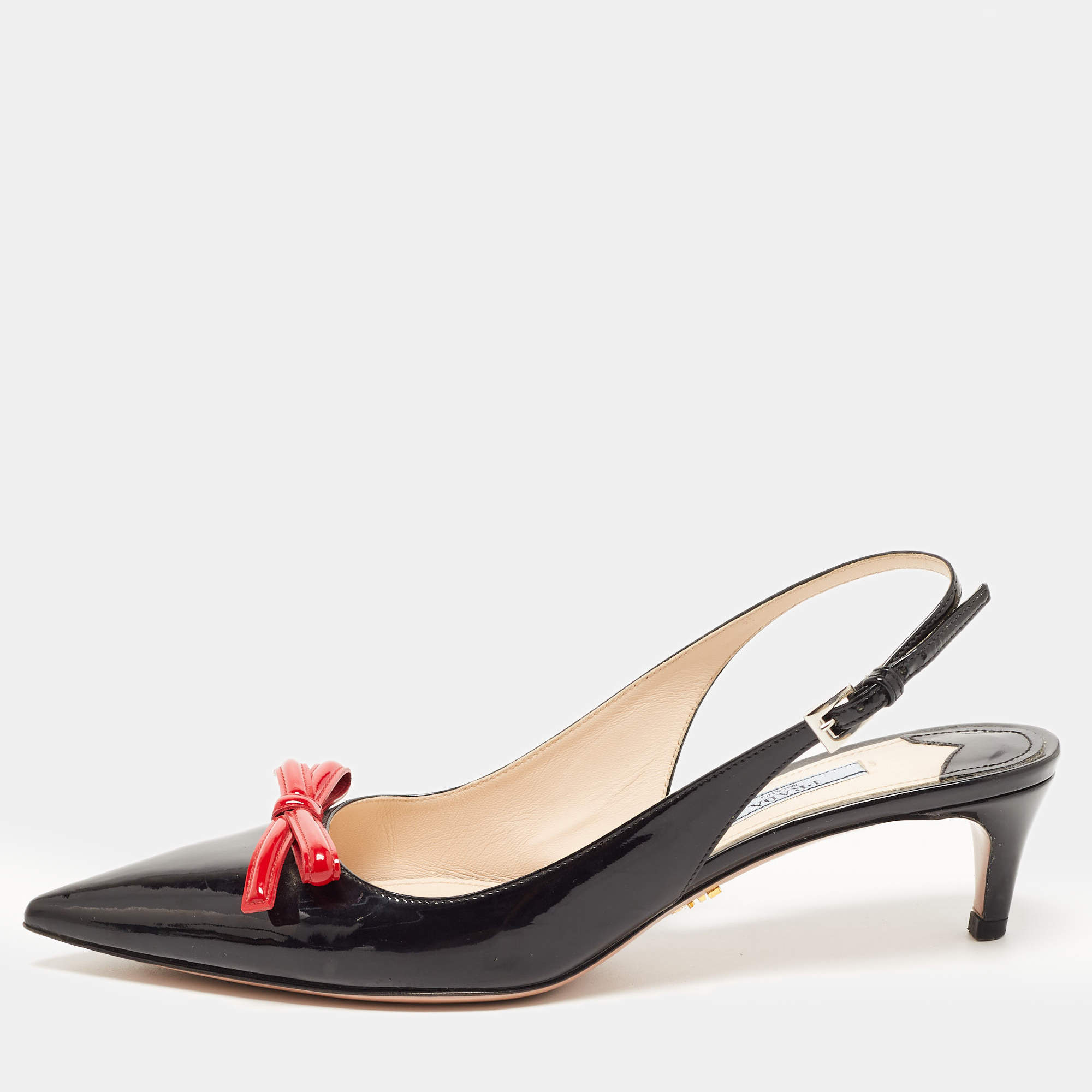 Prada Black/Red Patent Leather Bow Pointed Toe Slingback Sandals Size 40.5