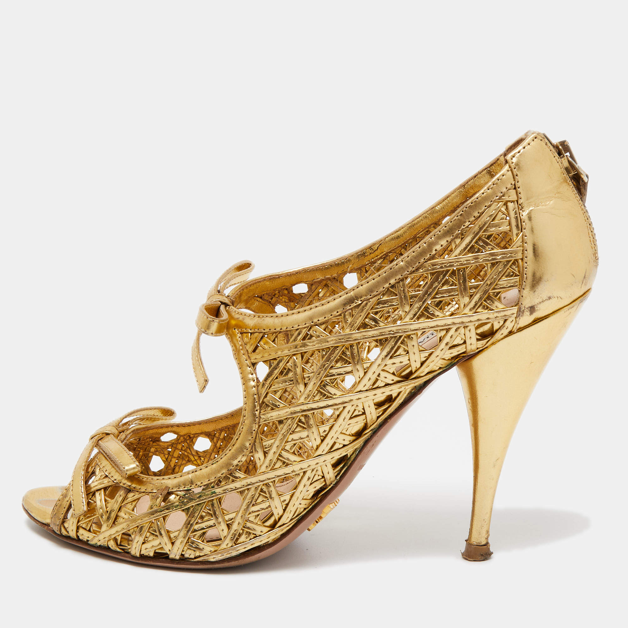 Prada Gold Leather Bow Open Toe Caged Sandals Size 38.5