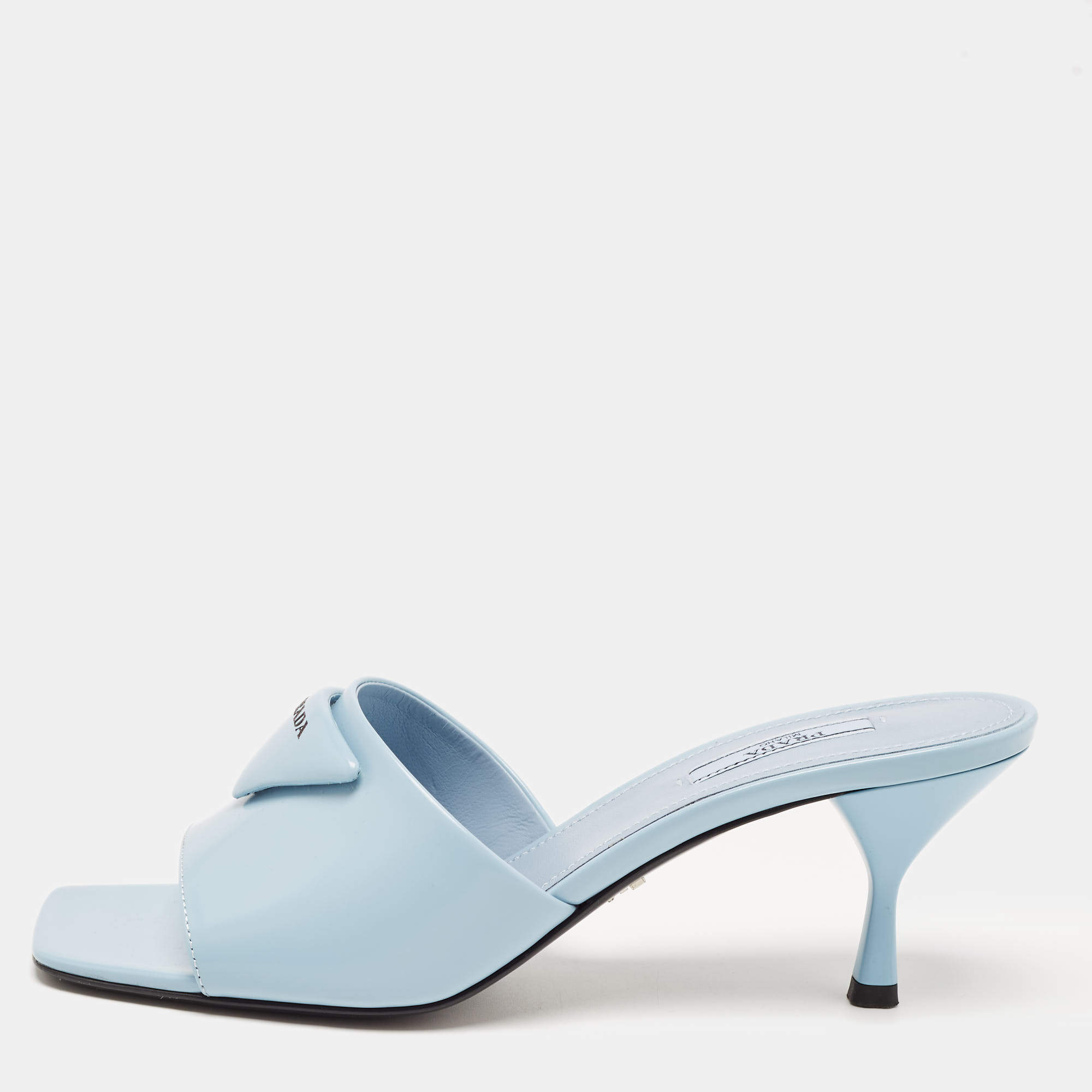 Pre Owned Prada Light Blue Leather Brushed Heel Slide Sandals Size 39.5