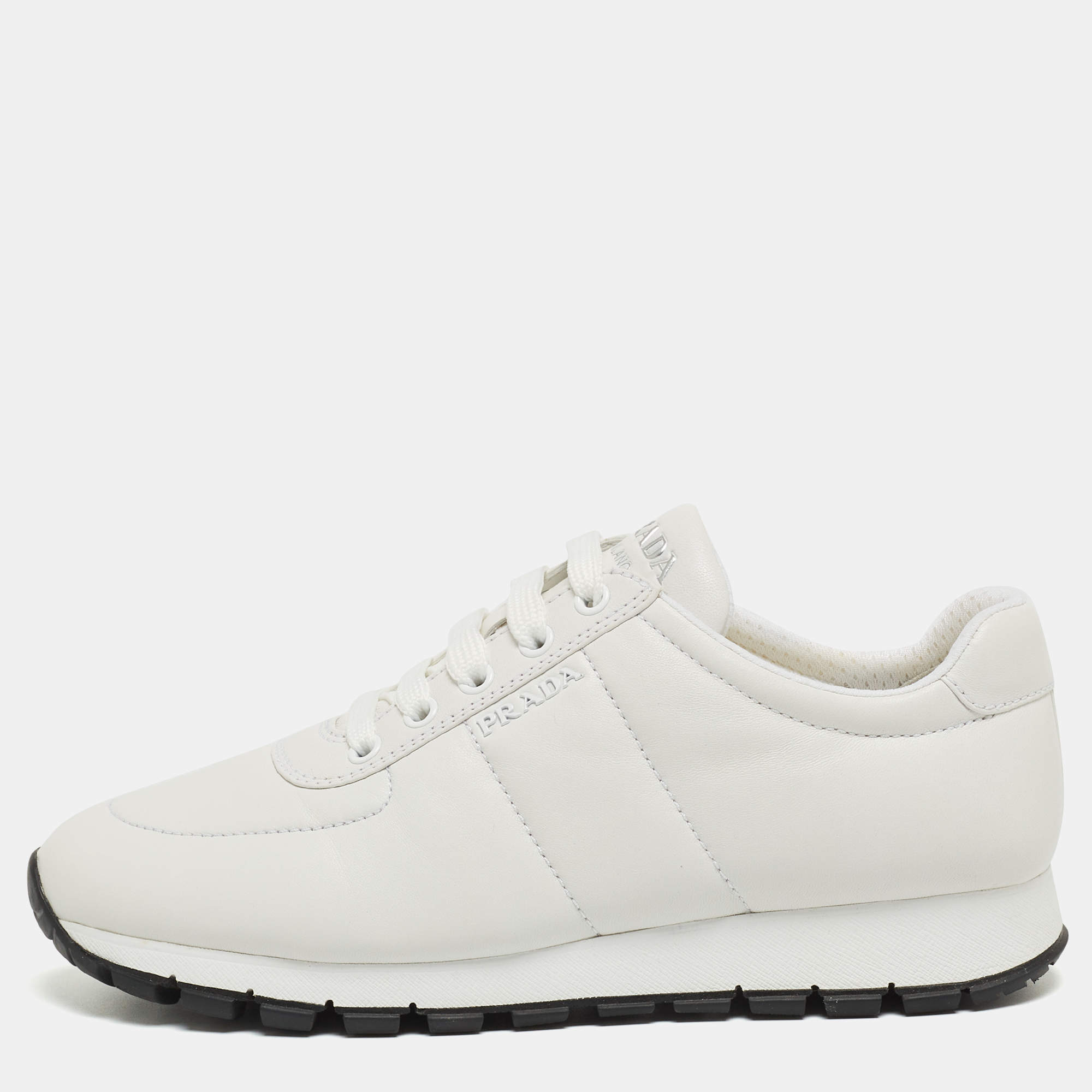 Prada White Leather Trainers Lace Up Sneakers Size 38