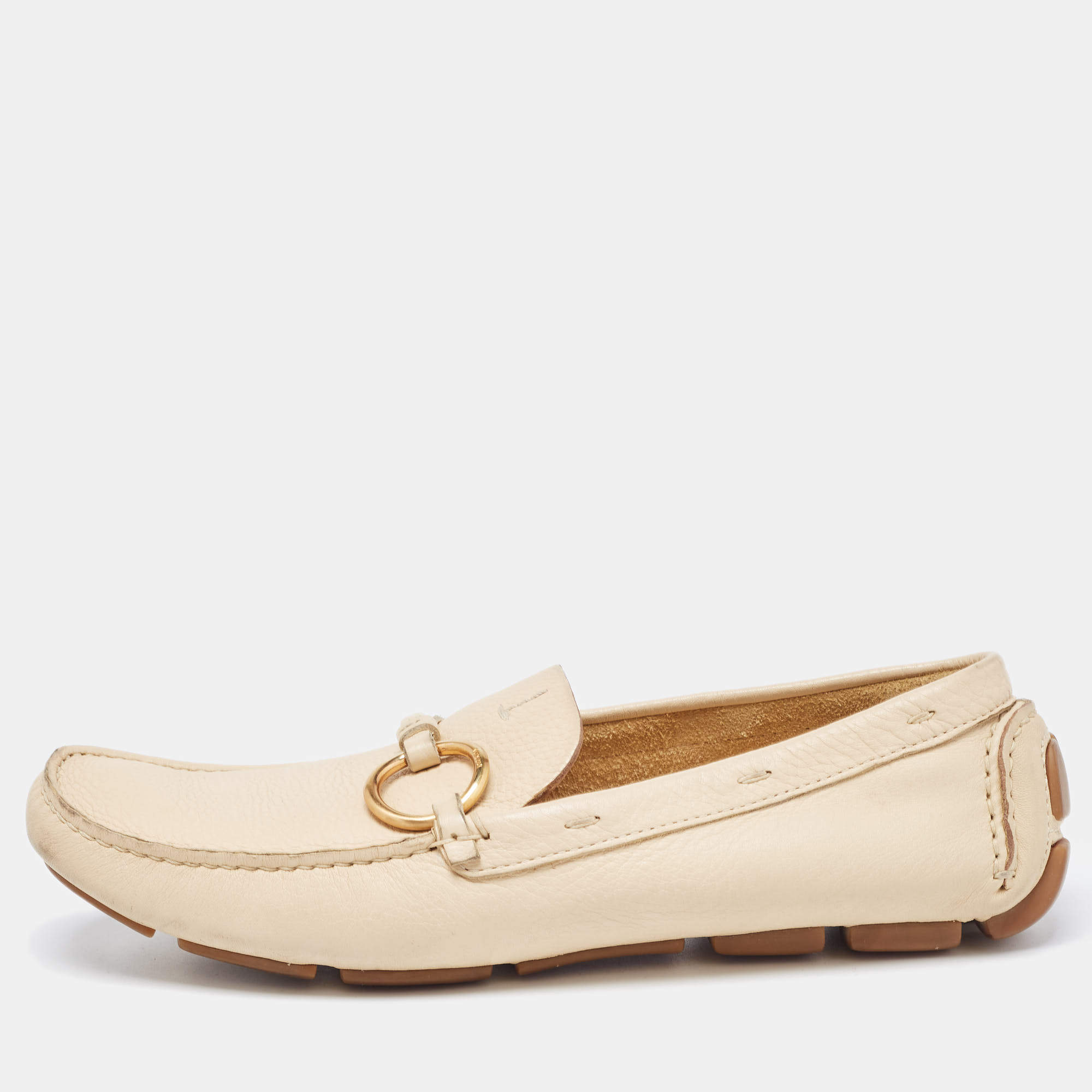Pre Owned Prada Beige Leather Ring Buckle Loafers Size 38.5