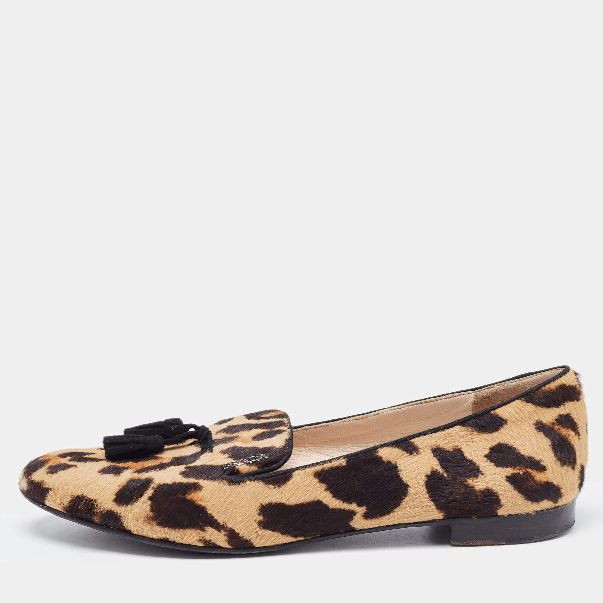 Pre Owned Prada Beige/Brown Leopard Print Calf Hair Smoking Slippers Size 38.5