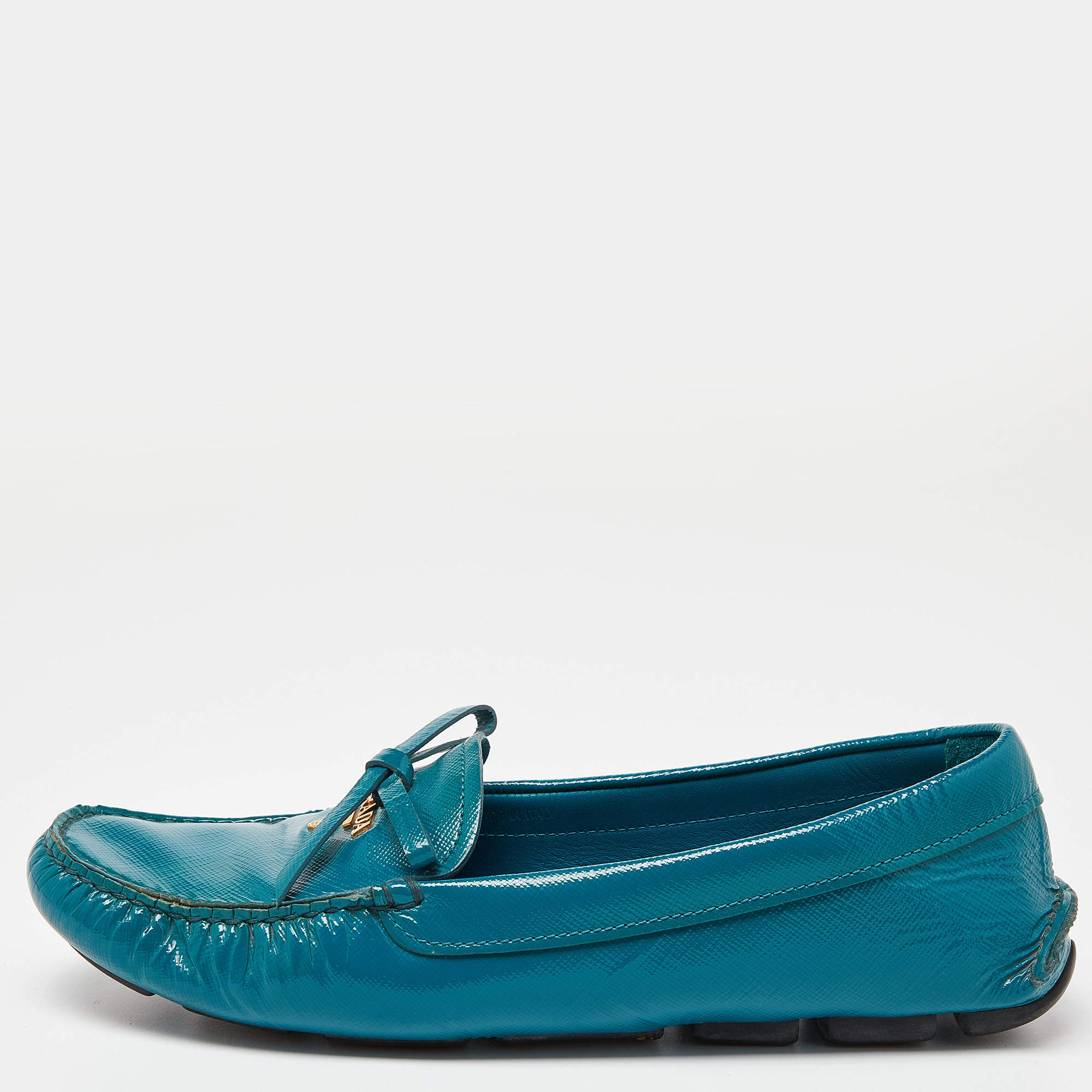 Pre Owned Prada Blue Patent Leather Slip On Loafers Size 38