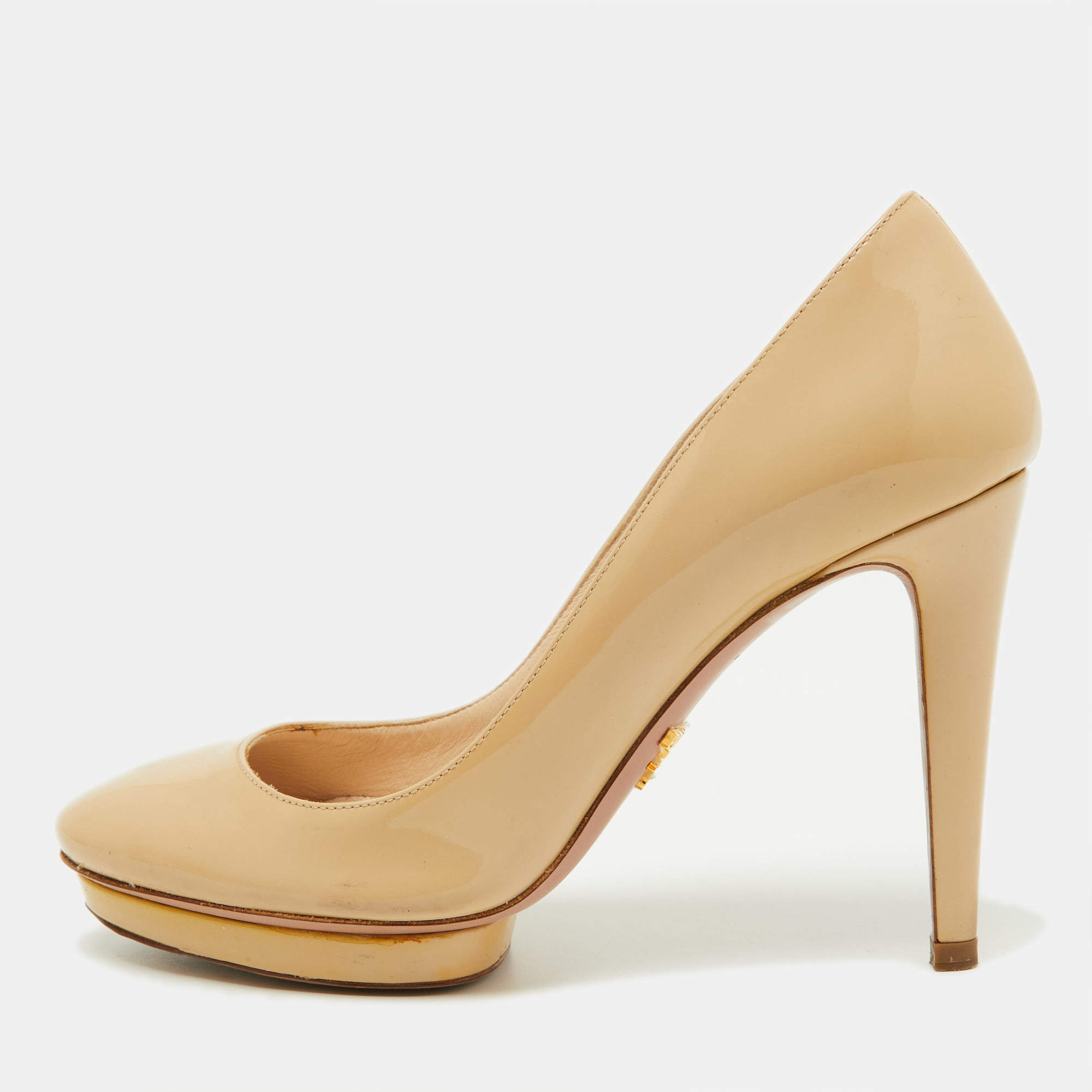 Pre Owned Prada Beige Patent Leather Platform Pumps Size 35