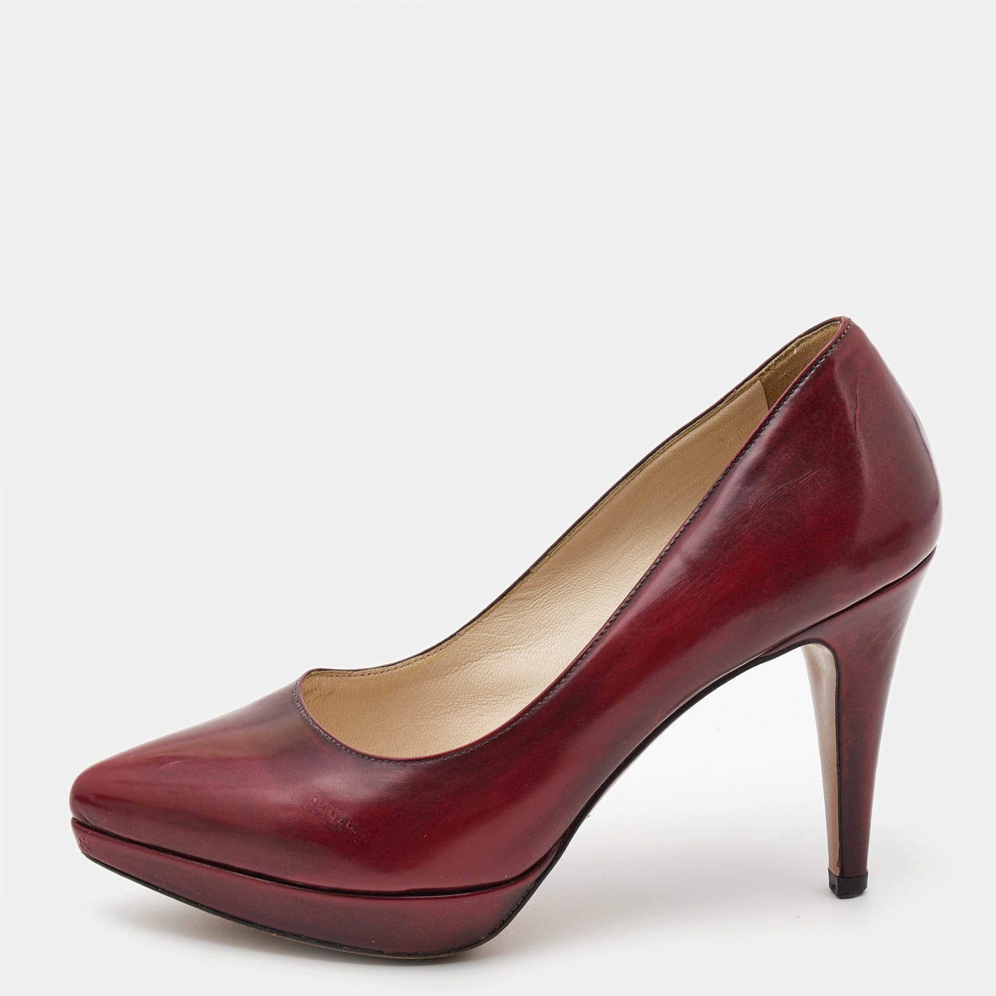 Prada Burgundy Leather Platform Pointed Toe Pumps Size 37