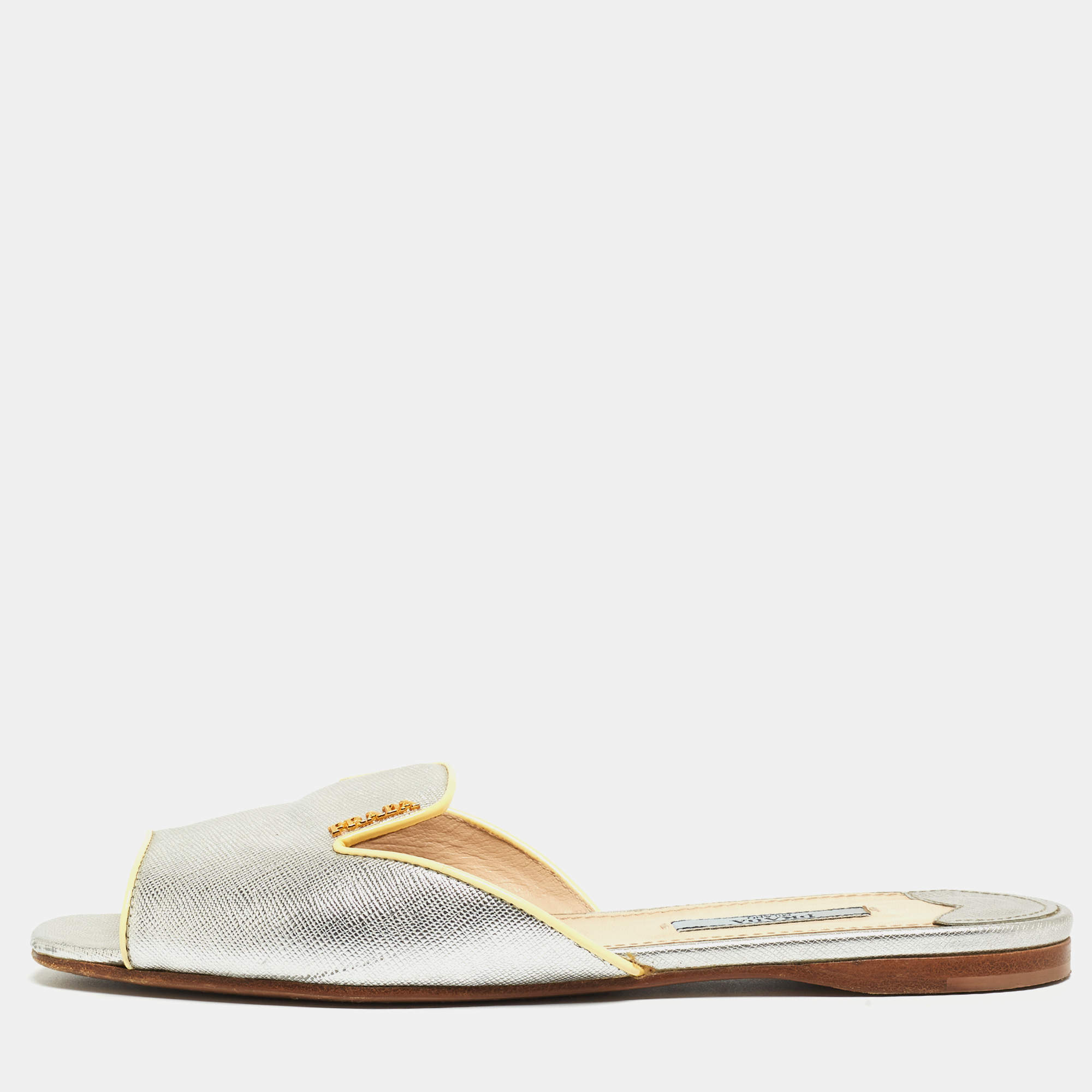 Prada Silver Saffiano Leather Flat Slides Size 375 Prada The Luxury Closet 9699