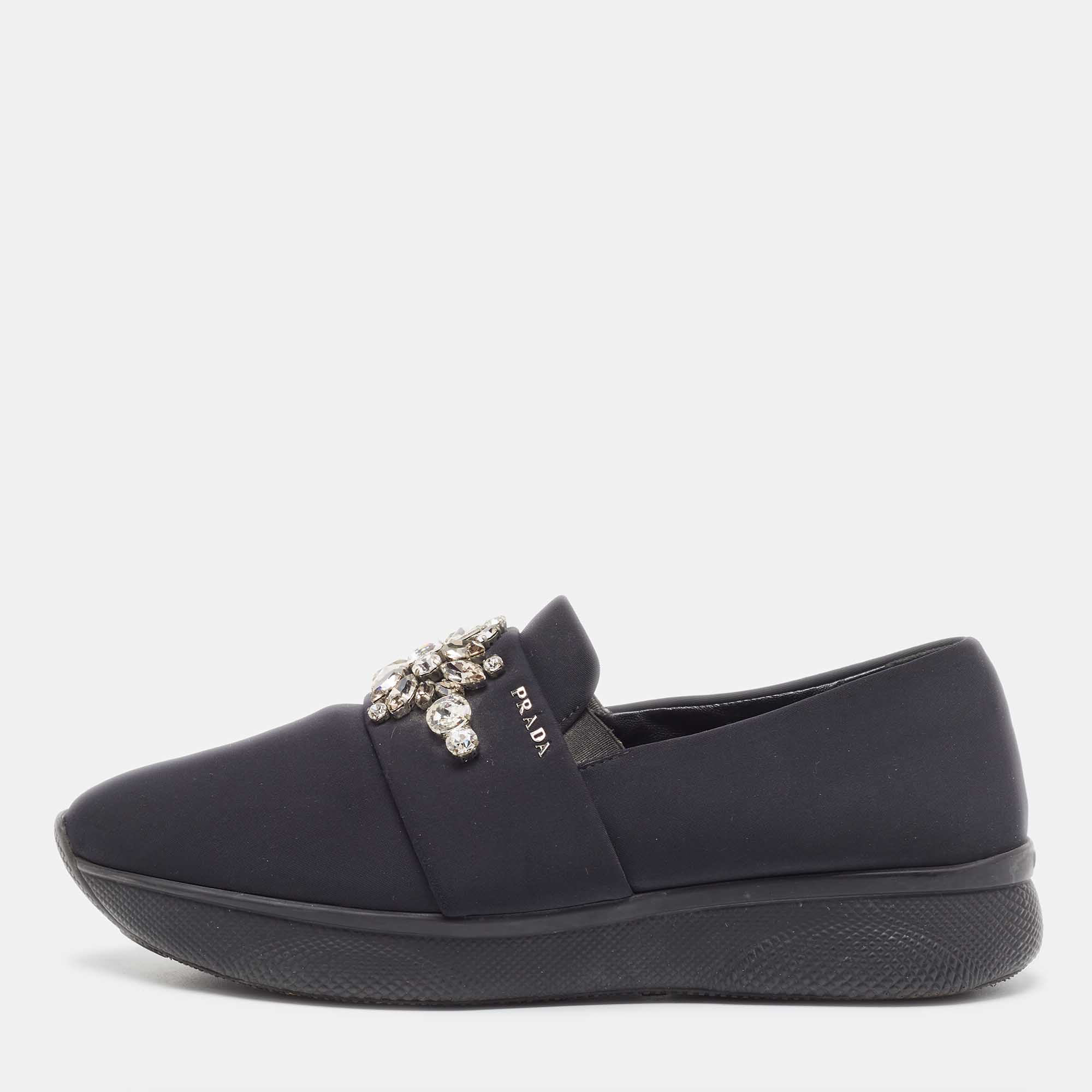 Prada Black Neoprene Crystal Embellished Slip On Sneakers Size 39