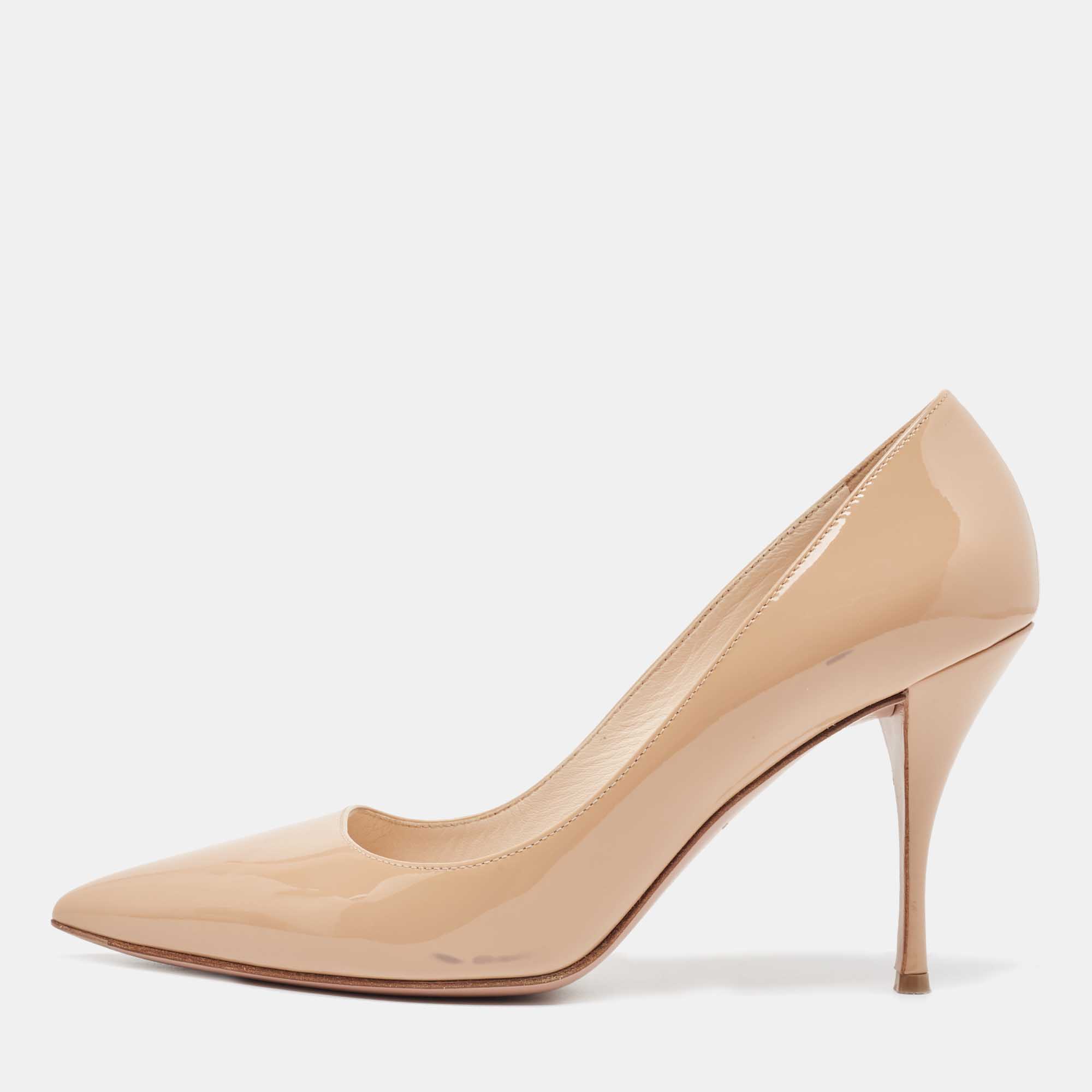 Prada Beige Patent Leather Pointed Toe Pumps Size 40.5 
