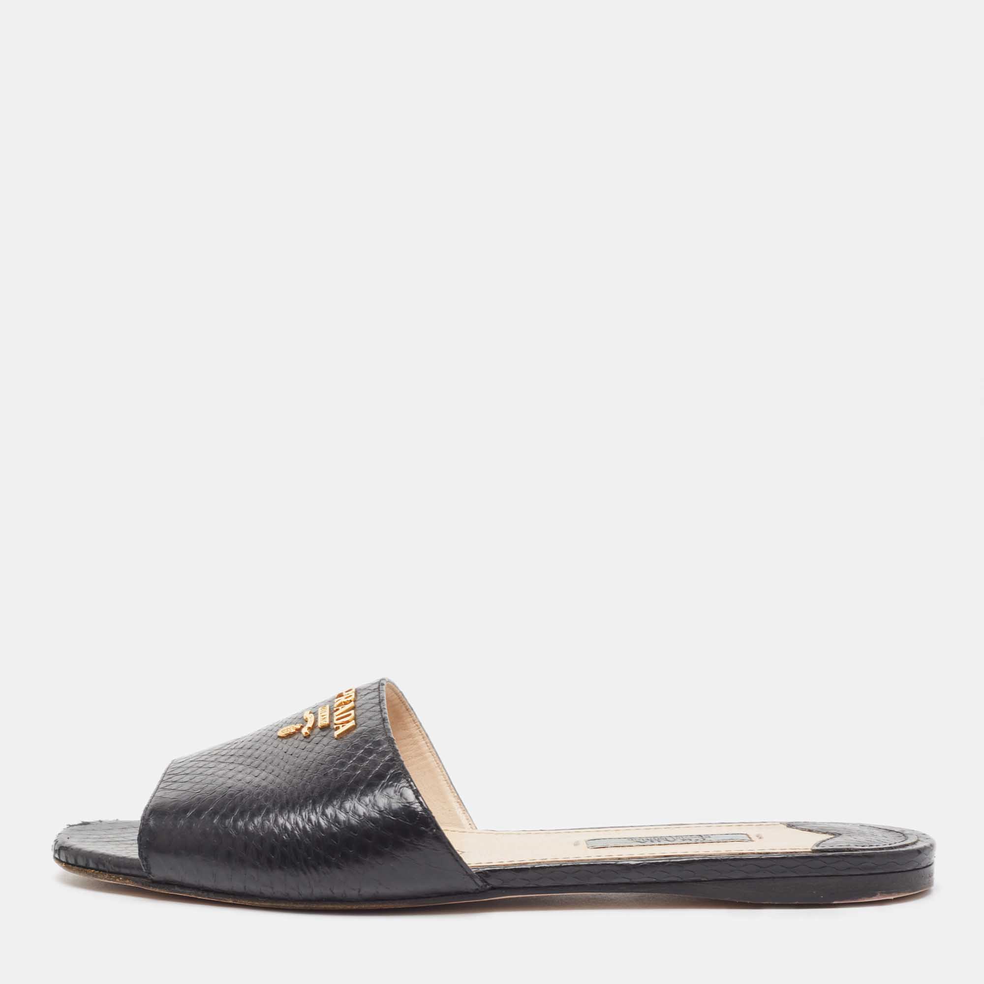 Prada Black Python Embossed Leather Flat Slide Sandals Size 37.5