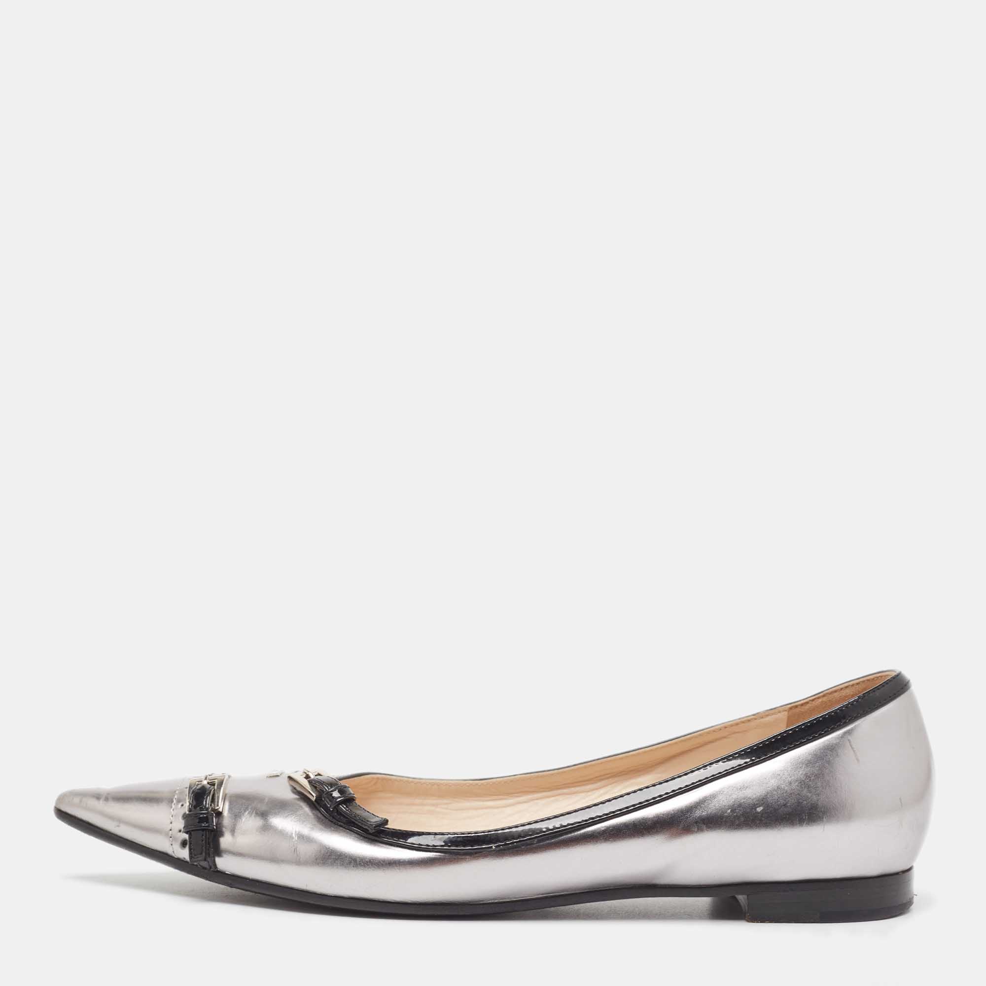 Pre Owned Prada Silver/Black Patent and Leather Buckle Detail Pointed Toe Ballet Flats Size 38.5