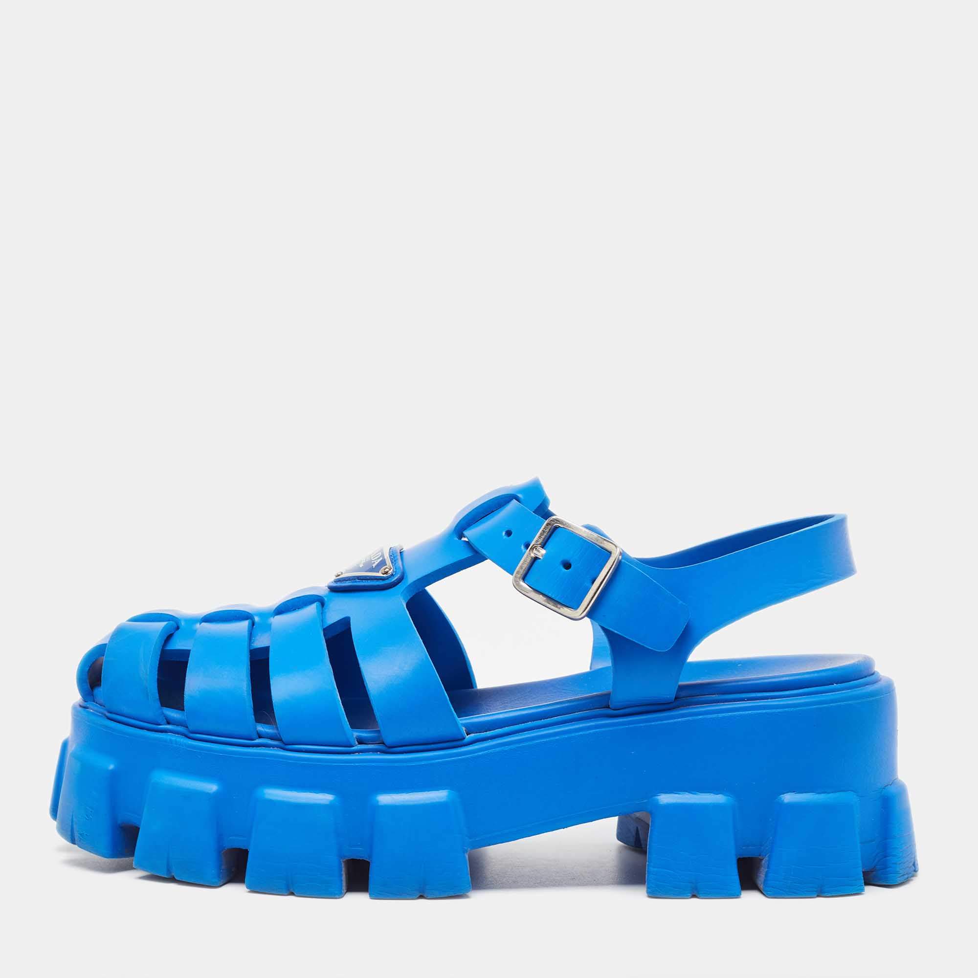 Pre Owned Prada Blue Rubber Monolith Sandals Size 39