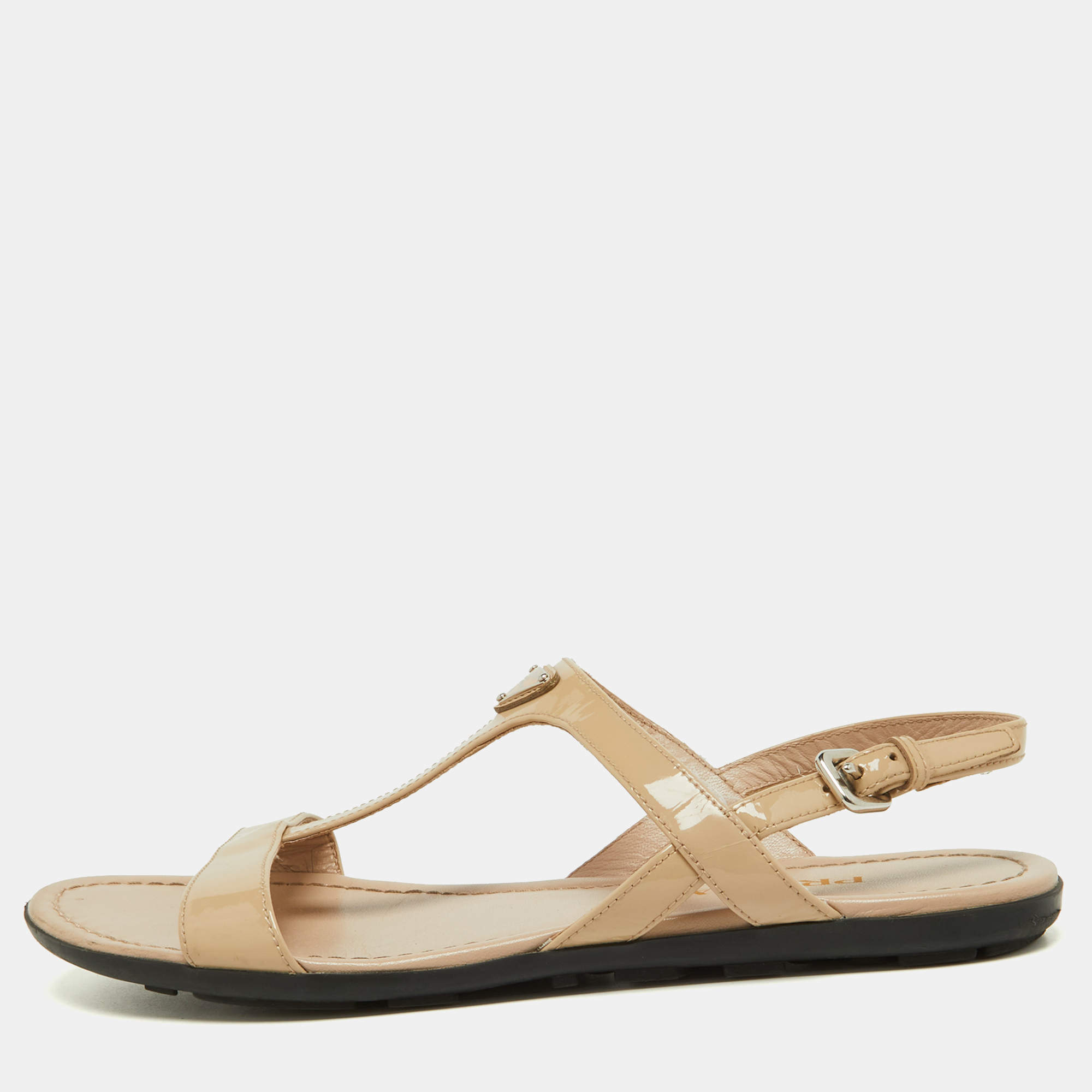 Prada Beige Patent Leather Flat Sandals Size 39