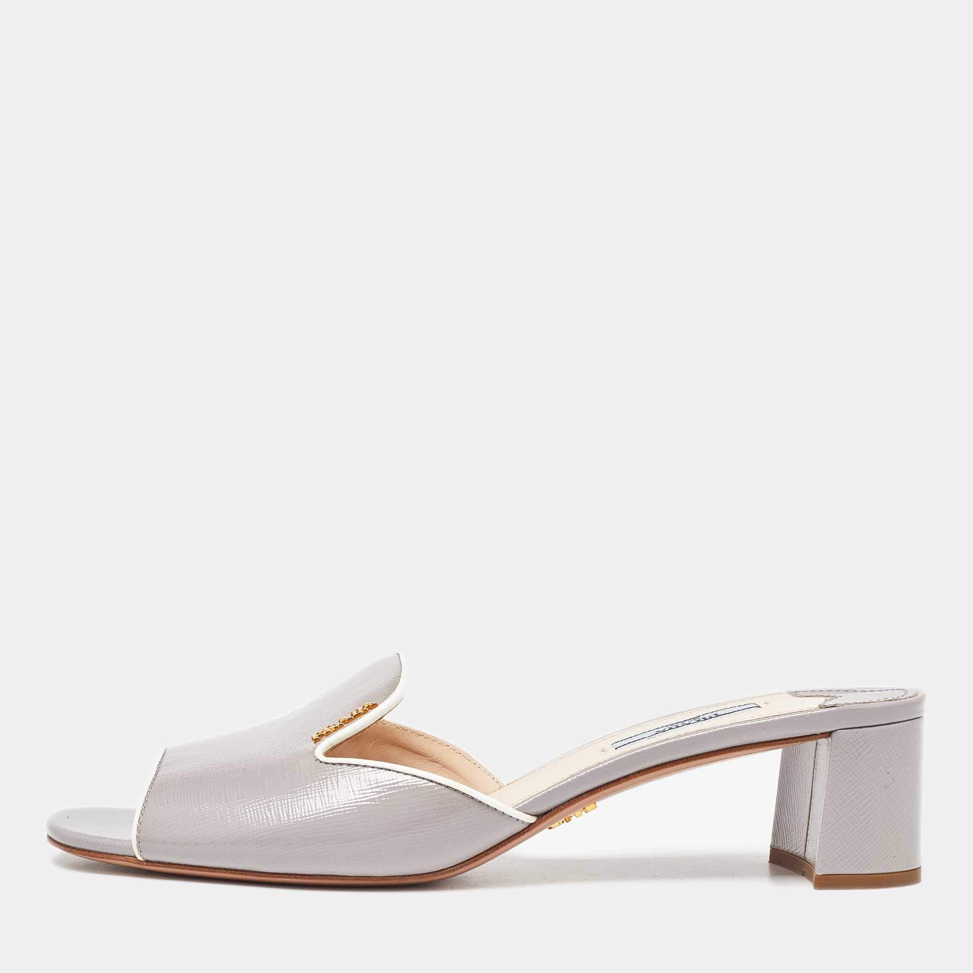 Pre Owned Prada Purple Saffiano Vernice Leather Slide Sandals Size 41