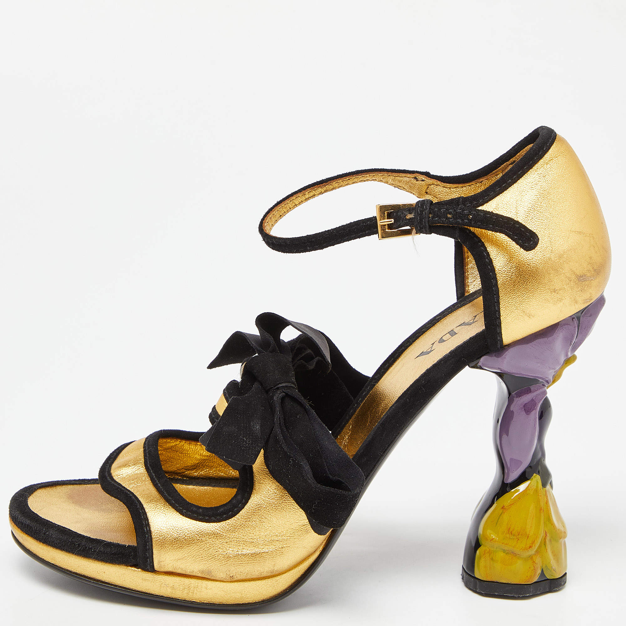Prada Gold/Black Leather and Suede Floral Heel Ankle Strap Sandals Size 37.5