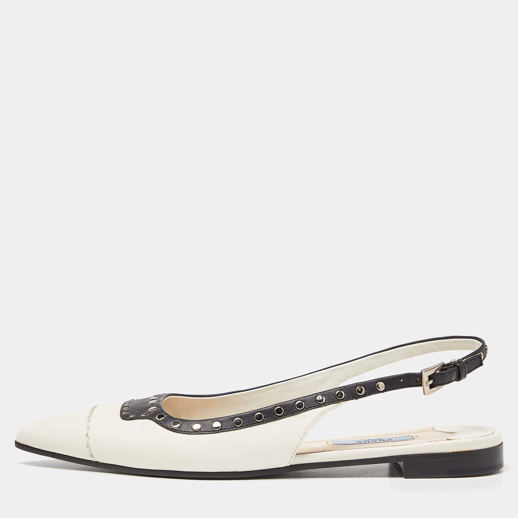 Prada Off White/Black Leather Studded Slingback Flats Size 38