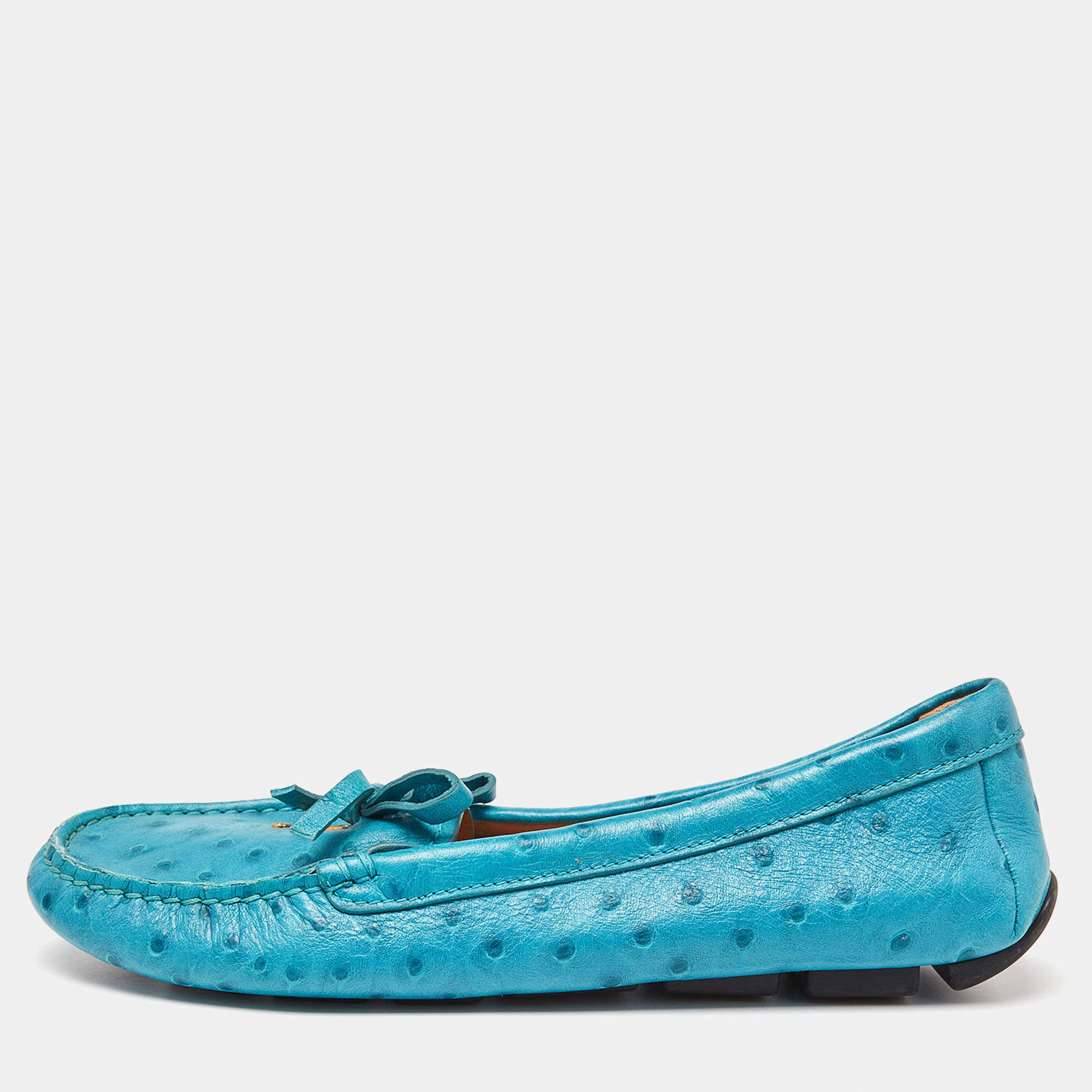 مملوكة مسبقًا Prada Blue Embossed Ostrich Bow Slip On Loafers Size 36
