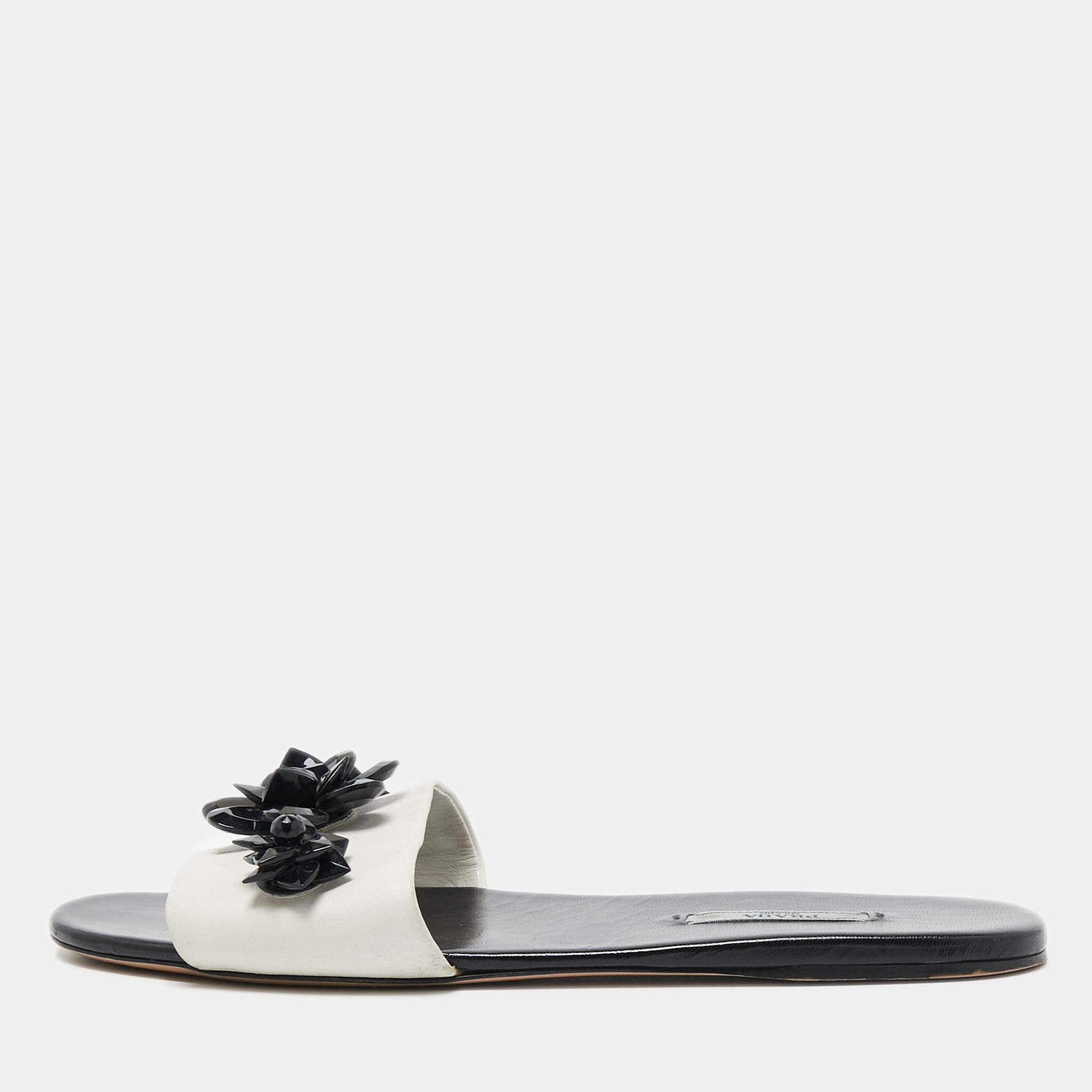 Prada White Leather Crystal Embellished Slides Flat Size 40