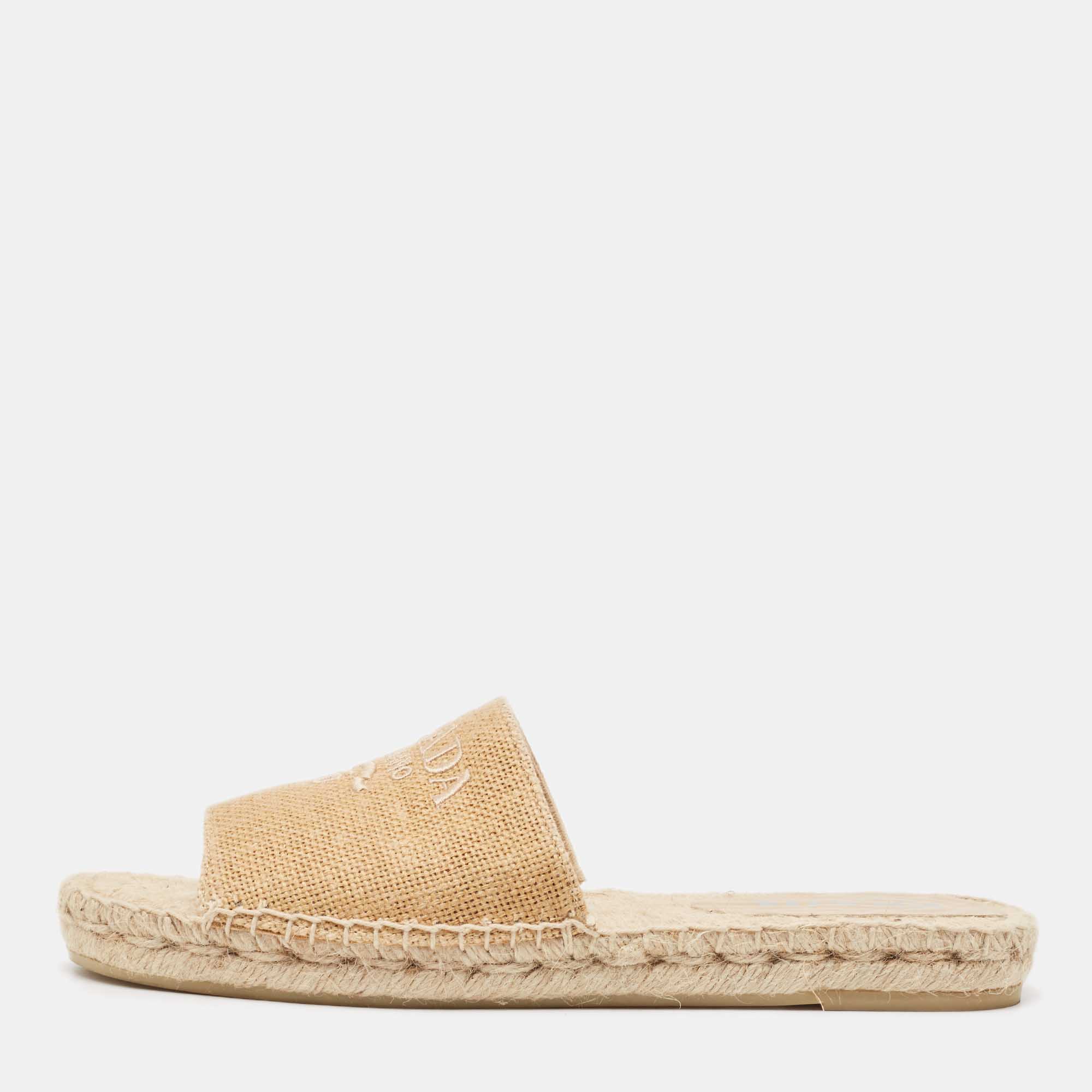 Prada Brown Raffia Embroidered Logo Slide Flats Size 40