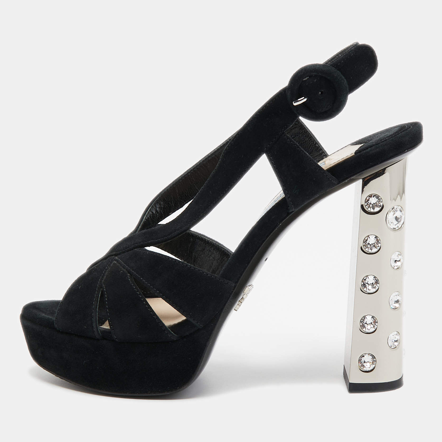 Pre Owned Prada Black Suede Crystal Embellished Heel Platform Slingback Sandals Size 37