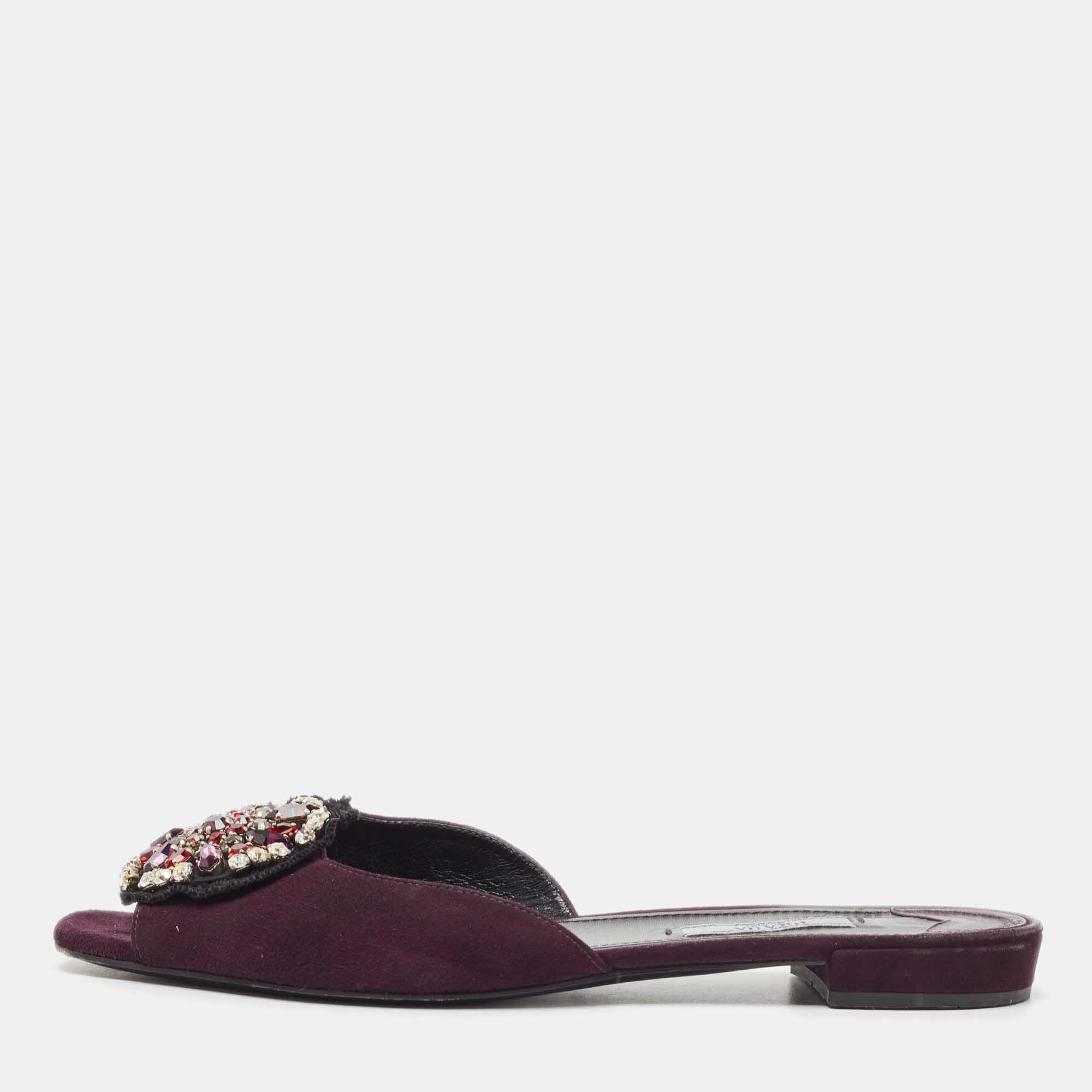 Prada Purple Suede Crystal Embellished Flat Slides Size 39.5