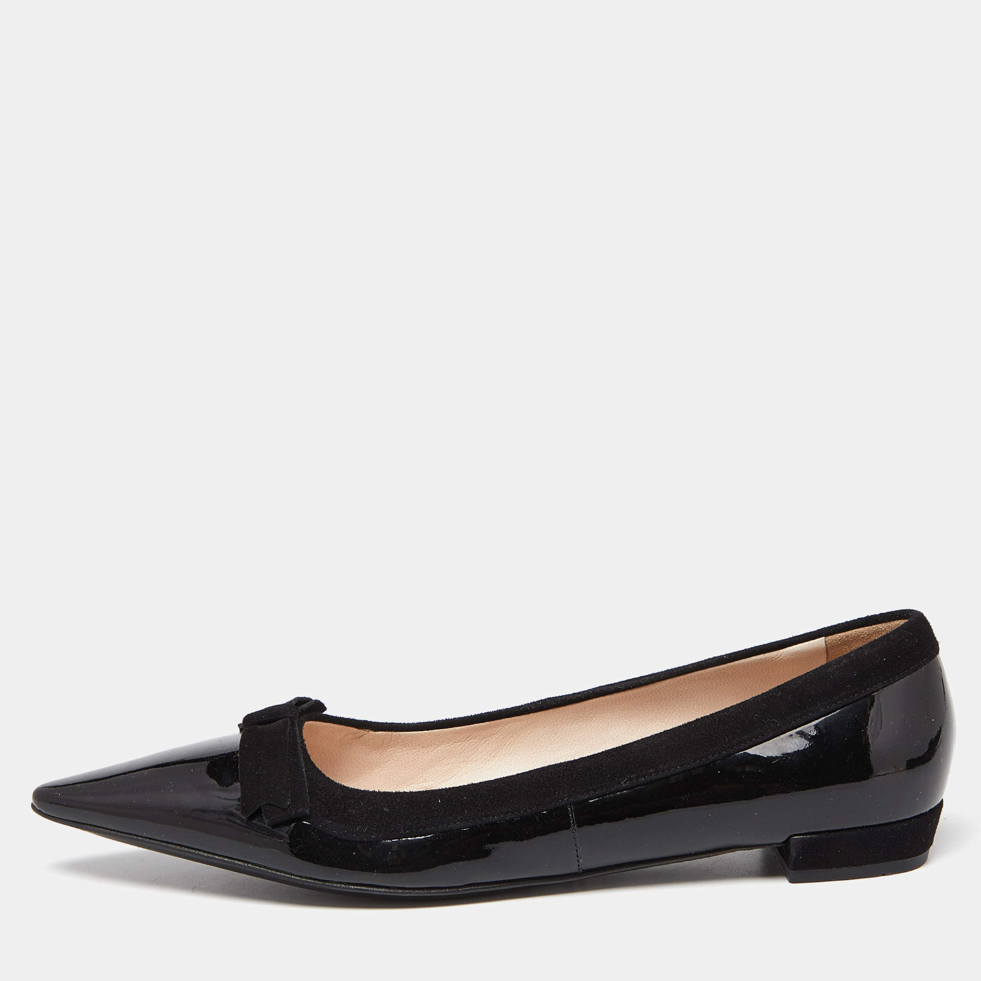 Prada Black Patent Leather Bow Pointed Toe Ballet Flats Size 37.5