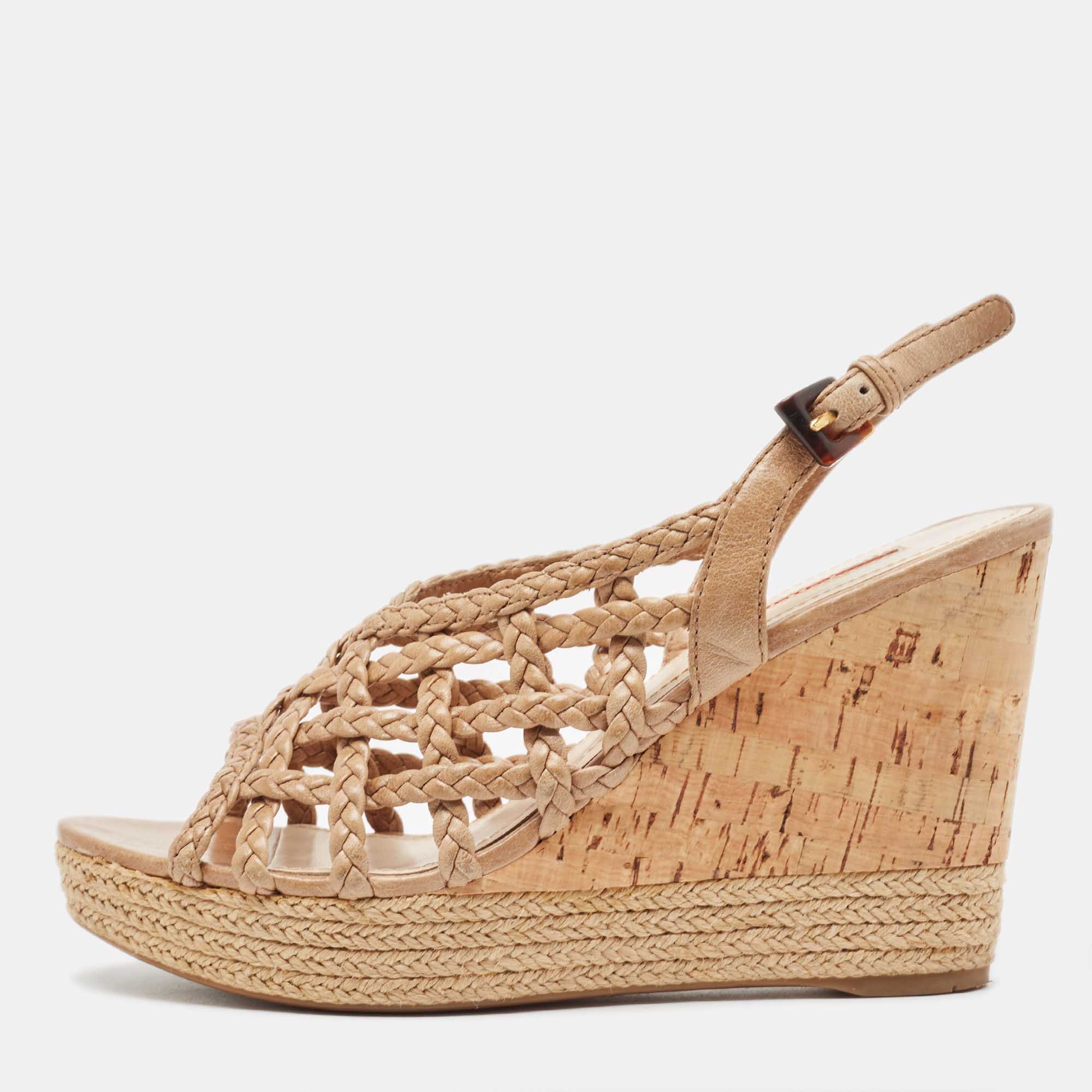 Pre Owned Prada Light Brown Braided Leather Cork Wedge Slingback Sandals Size 37.5