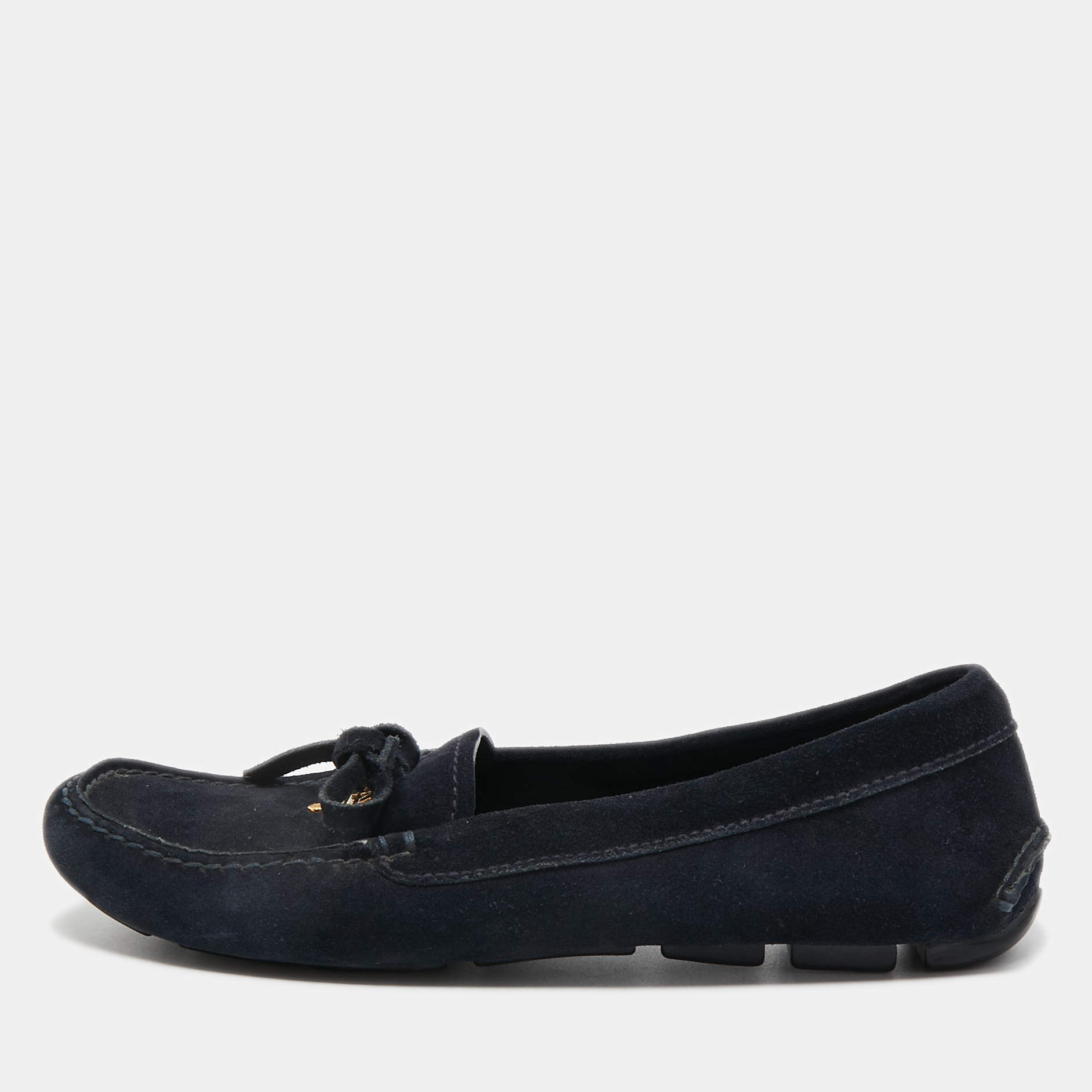 Prada Dark Blue Suede Bow Slip On Loafers Size 35.5