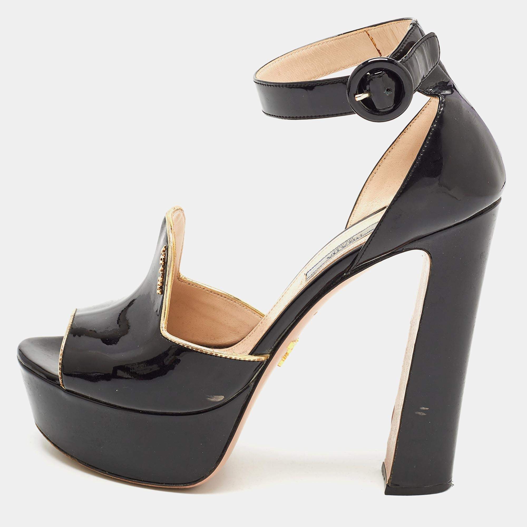مملوكة مسبقًا Prada Black Patent Leather Ankle Strap Platform Sandals Size 38