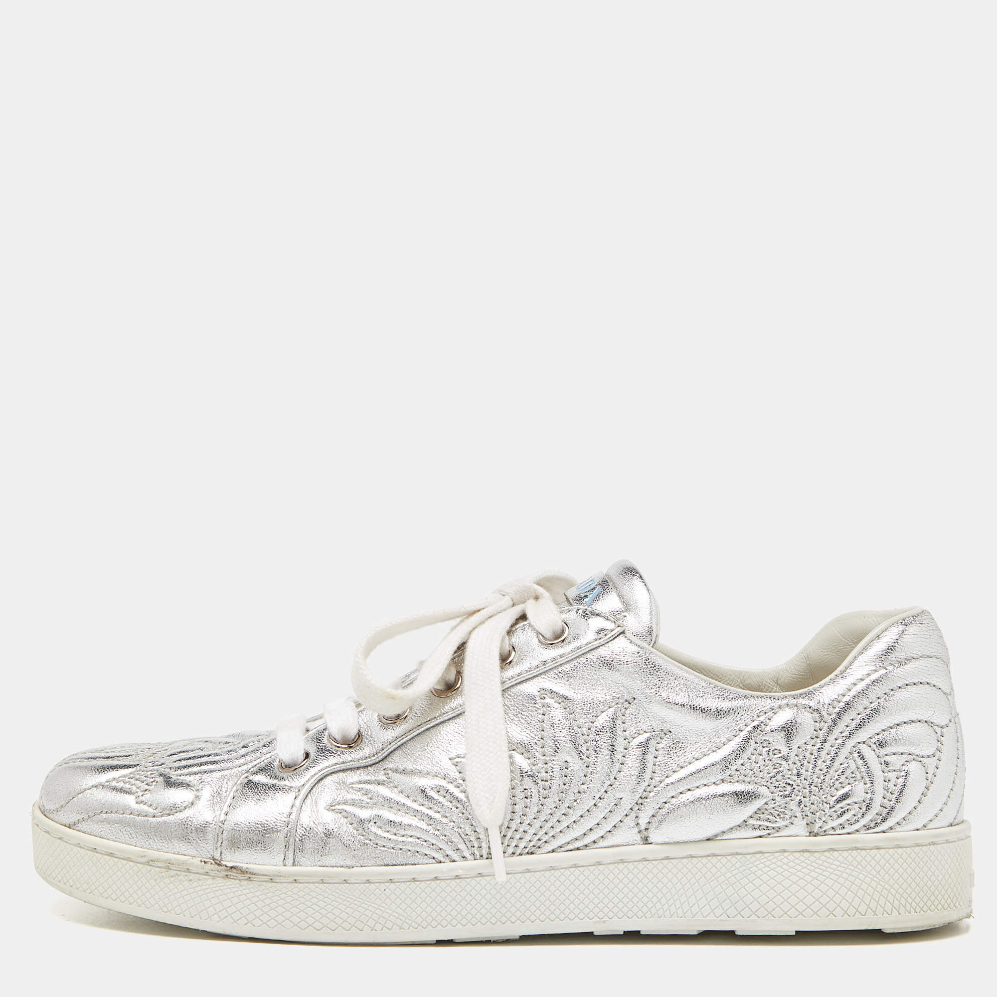 Pre Owned Prada Silver Embroidered Leather Low Top Sneakers Size 38
