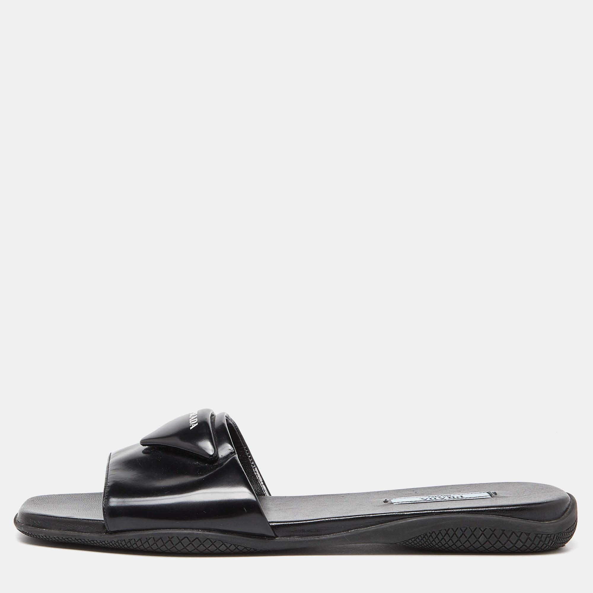 Prada Black Patent Leather Flat Slides Size 39