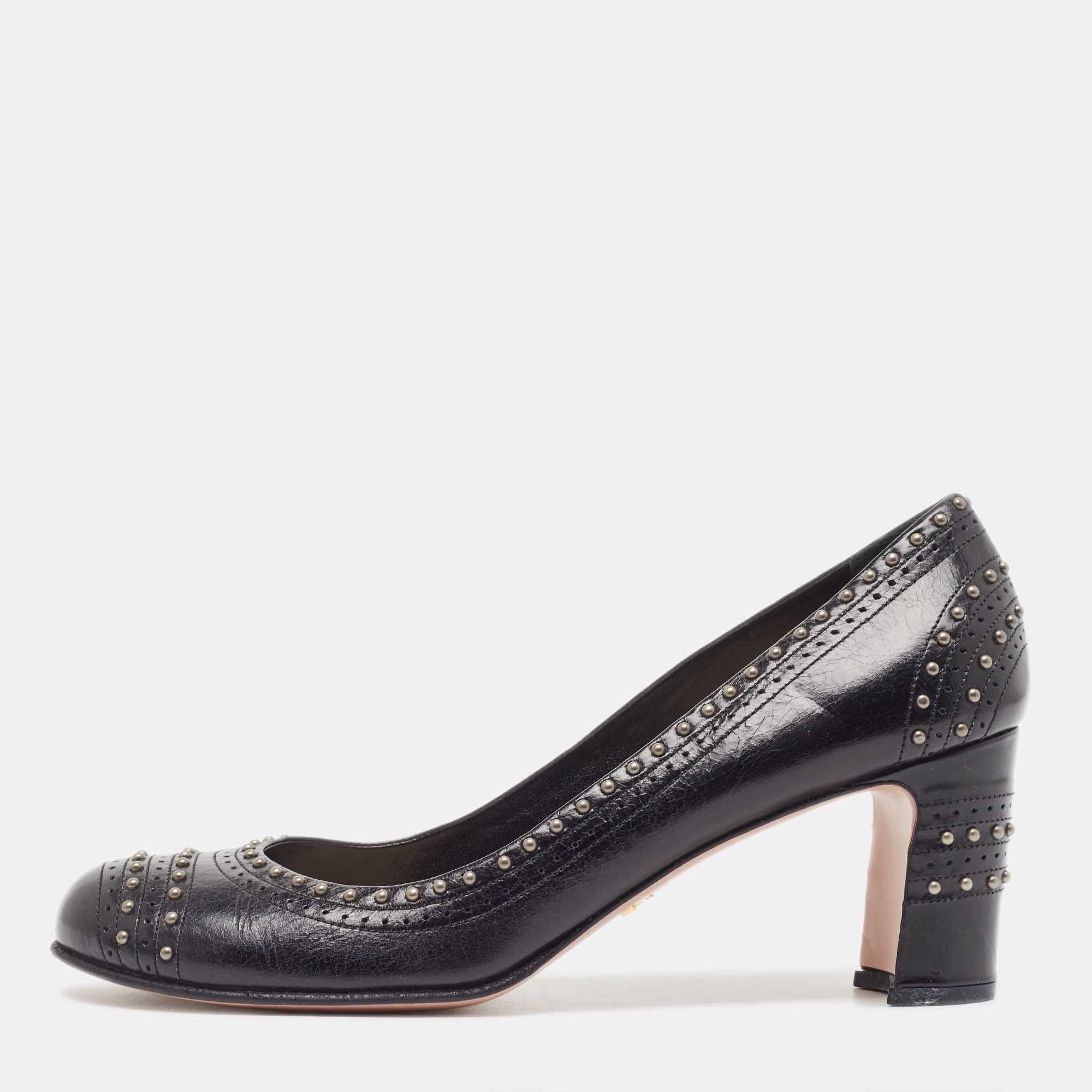Prada Black Leather Studded Round Toe Pumps Size 39