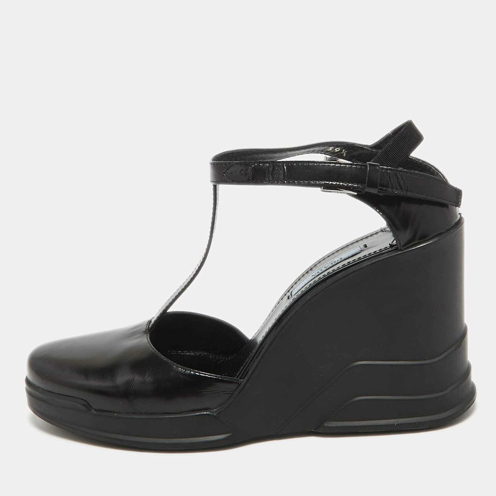 Pre Owned Prada Black Leather T-Strap Wedge Sandals Size 39.5